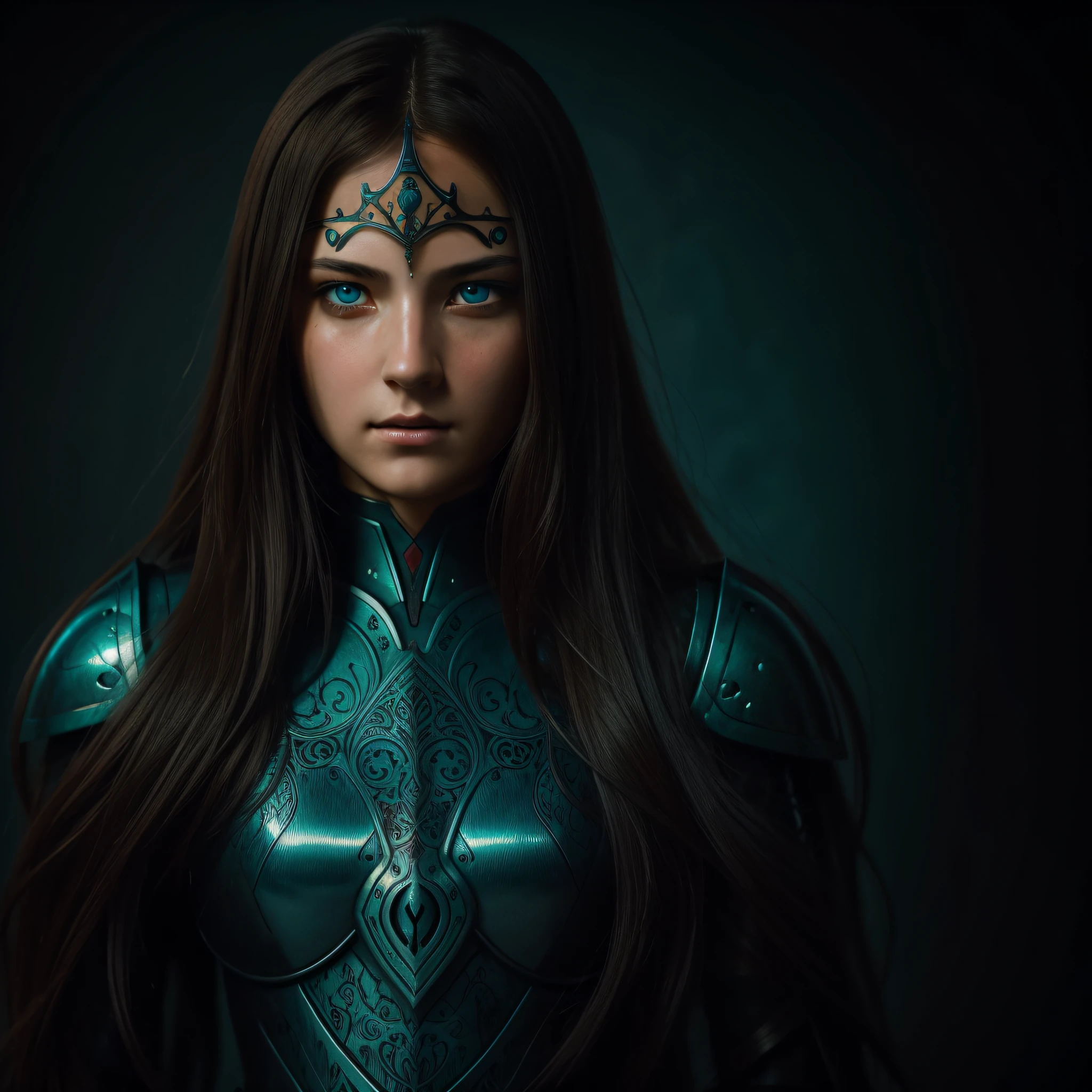 Beautiful girl with red eyes, Long straight Dark BLT flowing hair, determined gaze, teal eyes, soft robotic mask, medieval fantasy armor, cinematic lighting, beautiful portrait, intricate detail, dramatic lighting,
