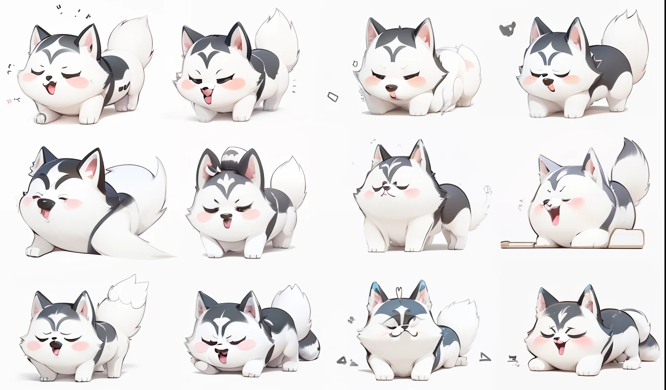 a cute Husky dog, emoji, anthropomorphic style, Disney style, black strokes, different emotions,multiple possand expressionses, white background,8k --niji 5 --style cute