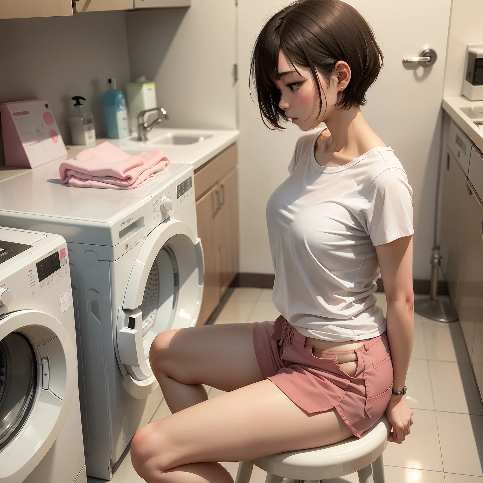 washing machine。Short Bob Hair。fair-skinned Japanese。Long white shirt、Pink shorts、sandal。Sitting on a stool、Touching the mobile phone while waiting for the laundry to finish。slender and neat legs。plump bust。profile。