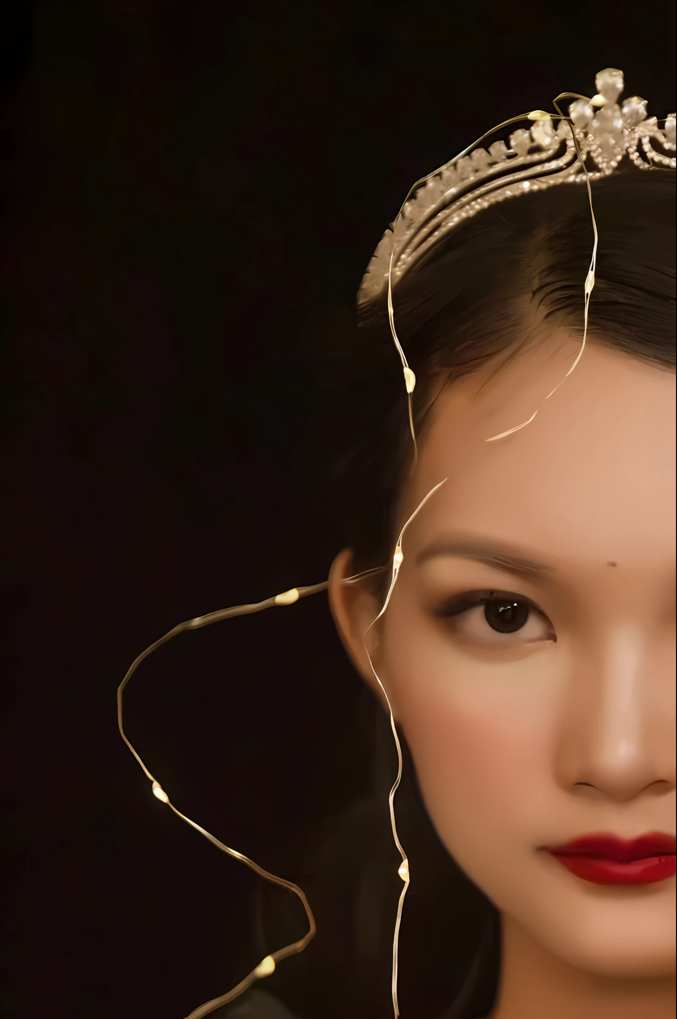 "Black dress,head gear,Red lipstick,Gorgeous Chinese model in light effect,Arad woman,Light falls on the face。feminine charm,glowwave girl portrait,medium portrait top light,Beautiful portrait lighting,Bright thin line,Portraits are soft and low-light,medium portrait soft light,with light glowing、thin linework、electrical wires,Light makeup,Golden ratio jewelry lamp。”