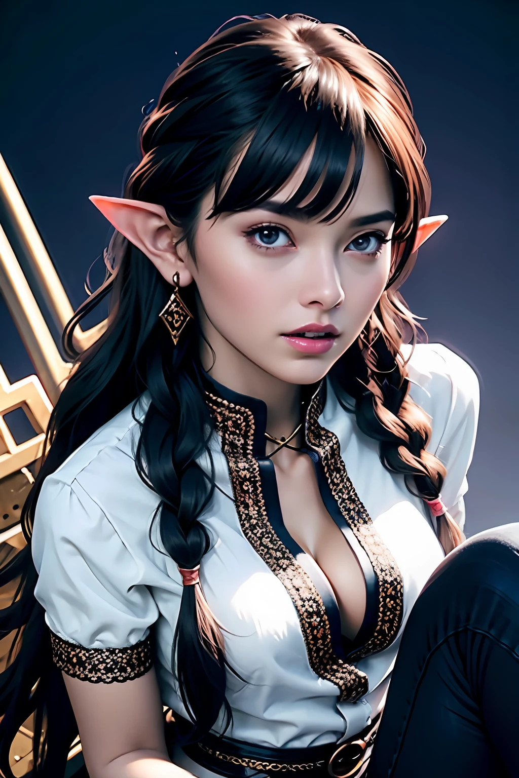 Ultra-detailed complex 3D rendering of face, (Colossal: 8.8), (masterpiece, top quality, octane rendering, 8K), glamour shot full body image, very beautiful young elf, cleavage, (very detailed skin: 1.2), (exposure: 1.1), brown-haired, ((wearing a plummeted open shirt of white silk: 1.10)), beautiful Caucasian woman with black skin with full soft breasts with big buttocks, Single, long braided hair, big breasts, dynamic angle, mystical expression, ultra-realistic photo, (((portrait)))), bare feet, futuristic urban background, facial muscles, detailed and beautiful queen gold crown, in the style of Marvel Comics, ArtStation trends, clear focus, studio photography, intricate details, very detailed, detailed red eyes, very detailed, Sharp Focus, Digital Rendering, Professional, Abs, Dark Grey Background,