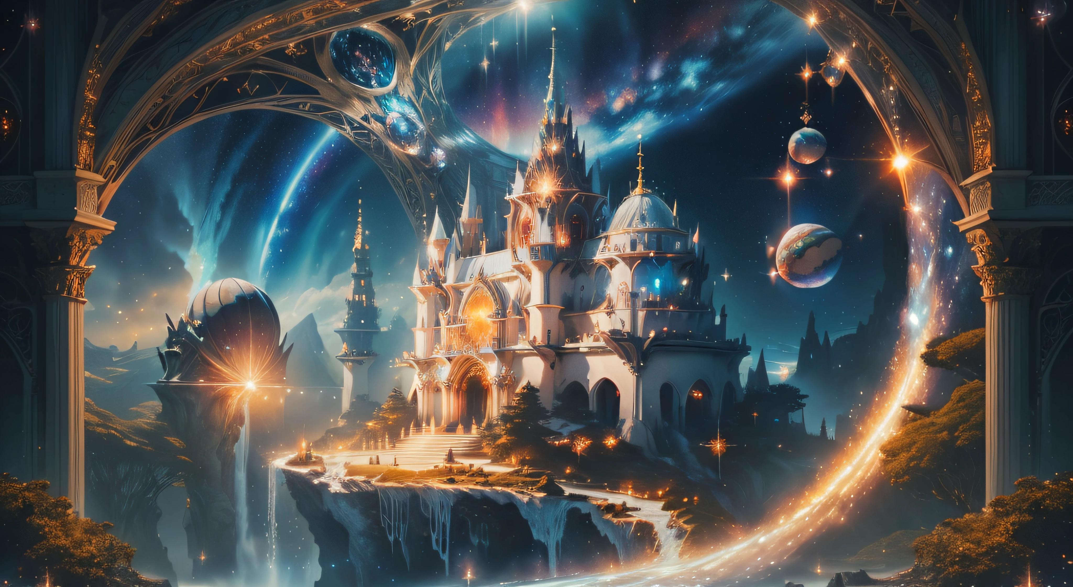 (masterpiece, high resolution, photorealistic:1.4), majestic floating castle, intricate architecture, (pearlescent white walls:1.2), (glowing blue accents:1.2), (crystal spires:1.3), surrounded by sparkling stars, (vibrant nebulae:1.2), (billowing cosmic clouds:1.1), (giant celestial rings:1.2), (luminous asteroids:1.1), (glimmering moons:1.1), (majestic central tower:1.3), (ethereal floating bridges:1.2), (elaborate stained glass windows:1.2), (astral gardens:1.2), (floating waterfalls:1.1), (enchanted glowing orbs:1.1), (twinkling fairy lights:1.1), (extraterrestrial flora and fauna:1.2), (magnificent observatory:1.2), (cosmic energy radiating:1.3), (elegant, starry night sky:1.2), (sense of awe and wonder:1.2).