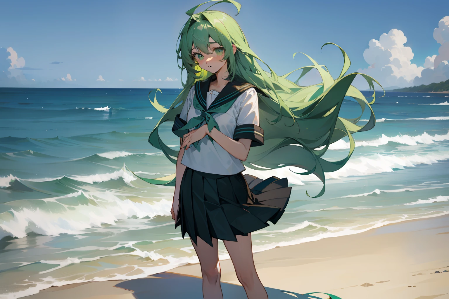 (tmasterpiece:1.2,high high quality),(Beautiful girl in sailor suit),(bandagens),(beachside),(Long green hair),(Some messy long hair),(Melancholy eyes),(Light green eyes) ,(Girl standing by the sea),(a black pleated skirt)