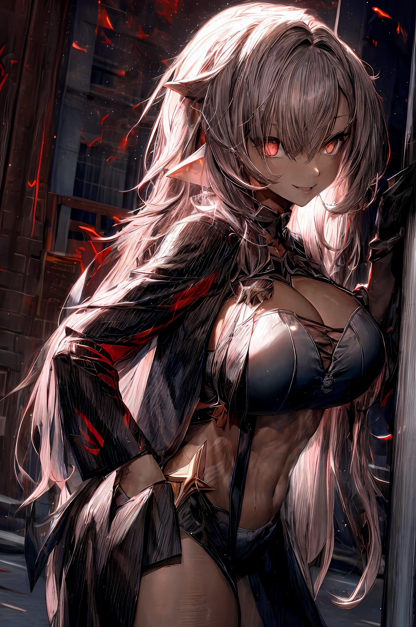 Clothing that exposes!nakeness!only underwear lewdness!Briefs!Raised sexy!(Ashenhardt style:1.4), tmasterpiece, best qualtiy, high high quality, (Dark invisible creatures,Crimson glow and red eyes,Surrounded by darkness:1.2), (In the silhouette), (darkly:1.2), abstracted, abyssal, depth of fields, hdr, The is very detailed, art stations, CG Society, 复杂, high detal, (tmasterpiece:1.2, best qualtiy), (best illuminate, Very fine and beautiful), (best illuminate,very delicate beautiful),(beautifull detailed face),(Detailed eyes and detailed face:1.2),(Young ite lolsmall beast,Sexy loli,独奏,mad smile,paleskin,h cup,gigantic cleavage breasts!gigantic ass!huge tit!(tattoo all over body,Tribal tattoo on the foot))whaite hair,luminous red eyes,dynamic angle,Vampires,succubi),(Sit in front of graffiti on various walls of the city with a mischievous smile), spiky_hor ears, hight contrast,cowboy lens,full bodyesbian,(street fashion),punk clothing,Transparent tight-fitting underwear!see-through transparent clothes!