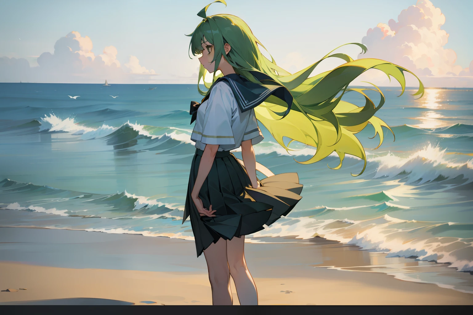 (tmasterpiece:1.2,high high quality),(Beautiful girl in sailor suit),(bandagens),(beachside),(Long green hair),(Some messy long hair),(Melancholy eyes),(Light green eyes) ,(Girl standing by the sea),(a black pleated skirt),(cold shades)