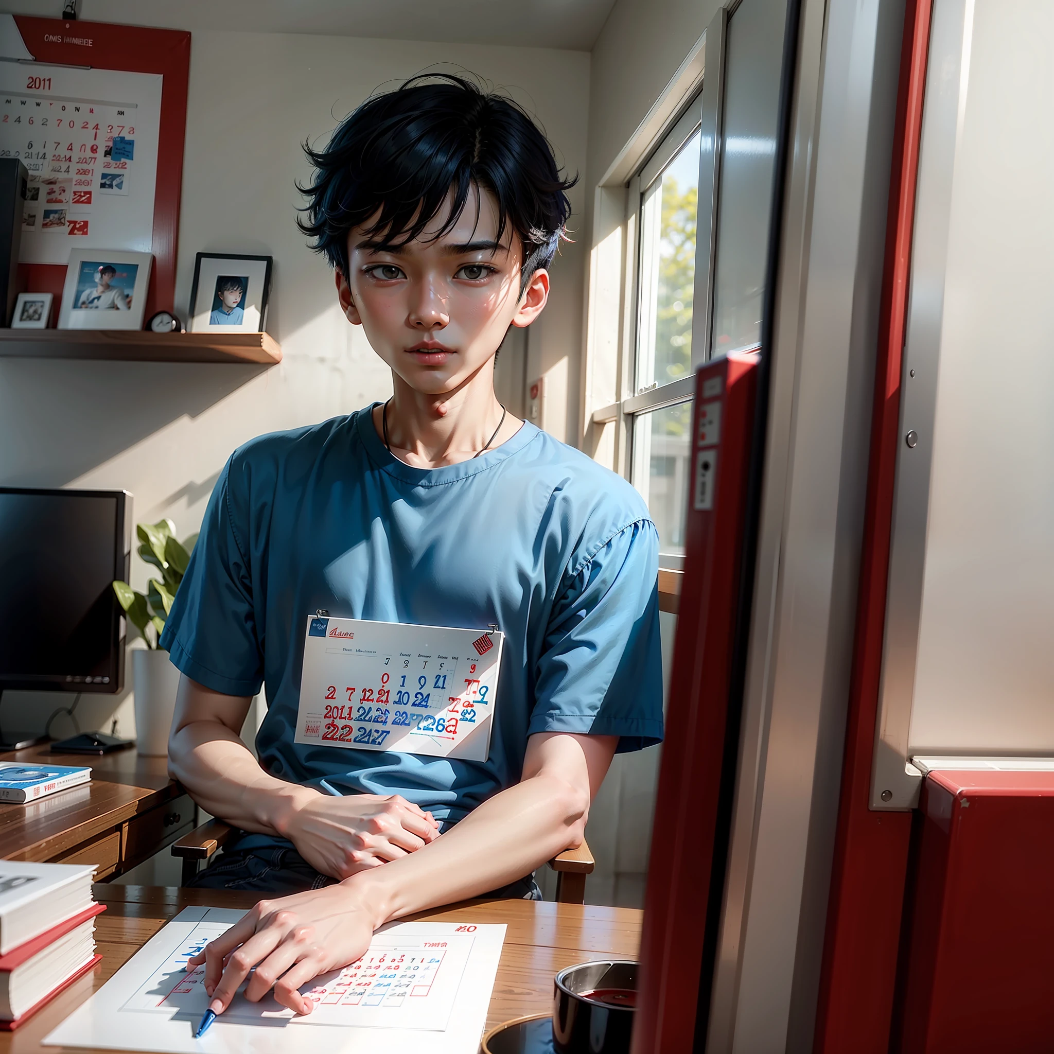there is a young boy with a blue shirt and a red and white calendar, a picture inspired by Lin Liang, tumblr, tachisme, 2 7 years old, 2 3 years old, 2 8 years old, 2 2 years old, 1 6 years old, 18 years old, 21 years old, 2 9 years old, yanjun chengt