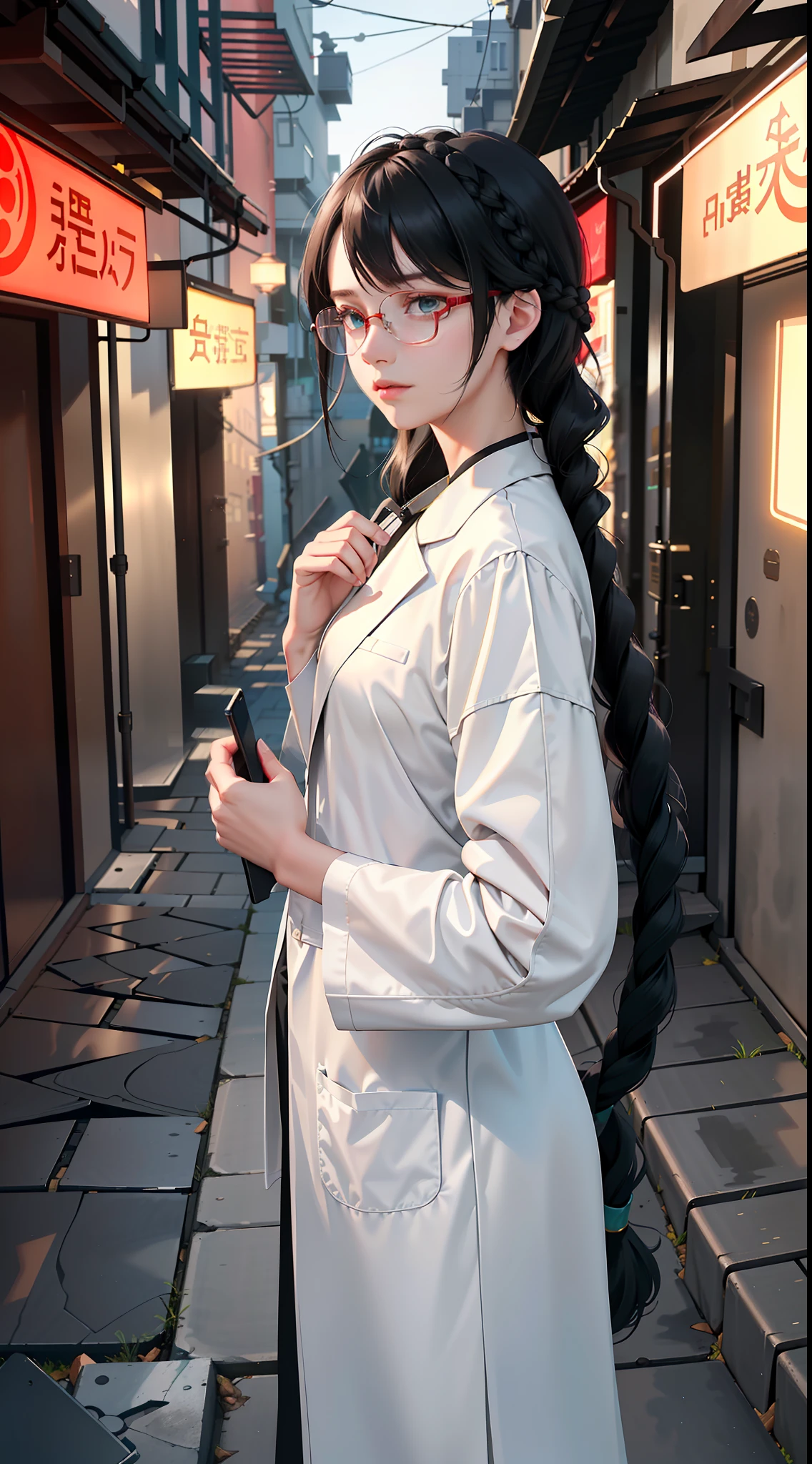 Maximum face detail,Remote view,((long hairstyle braid : 1.5)),Emotionless faces,heartless.,Beautiful delicate face with details, Beautiful delicate eyes with details, Perfect face proportions, Highly fine surface, finely detailed skin, The best ratio of four fingers to one thumb......,master-piece,high-detail, lifelike,(Wear a white lab coat.: 1.8),scholar,Maximum face resolution,mature adult,(Black Hair,Short Black Hairstyle,Best pigtails,Wear red glasses....,Dark green eyes),Future World,science fiction,(Stand in the alleys of a high-tech city....:1.8),Profoundly intelligent personality