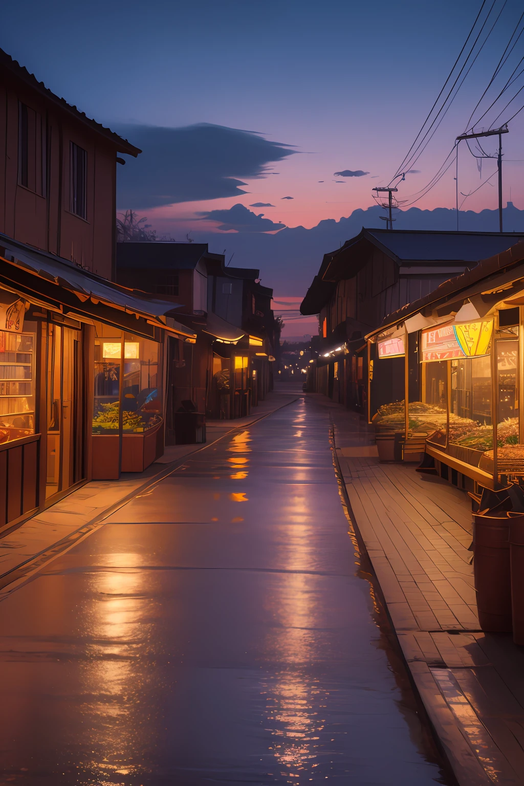 1girl, Post-Impressionism,  anime key visual,  landscape of a Wet Stupid Fish market  and biophilic Tanzanian Bridge, at Twilight, Sketch, hair light, hearthstone artwork, cinematic, unreal engine