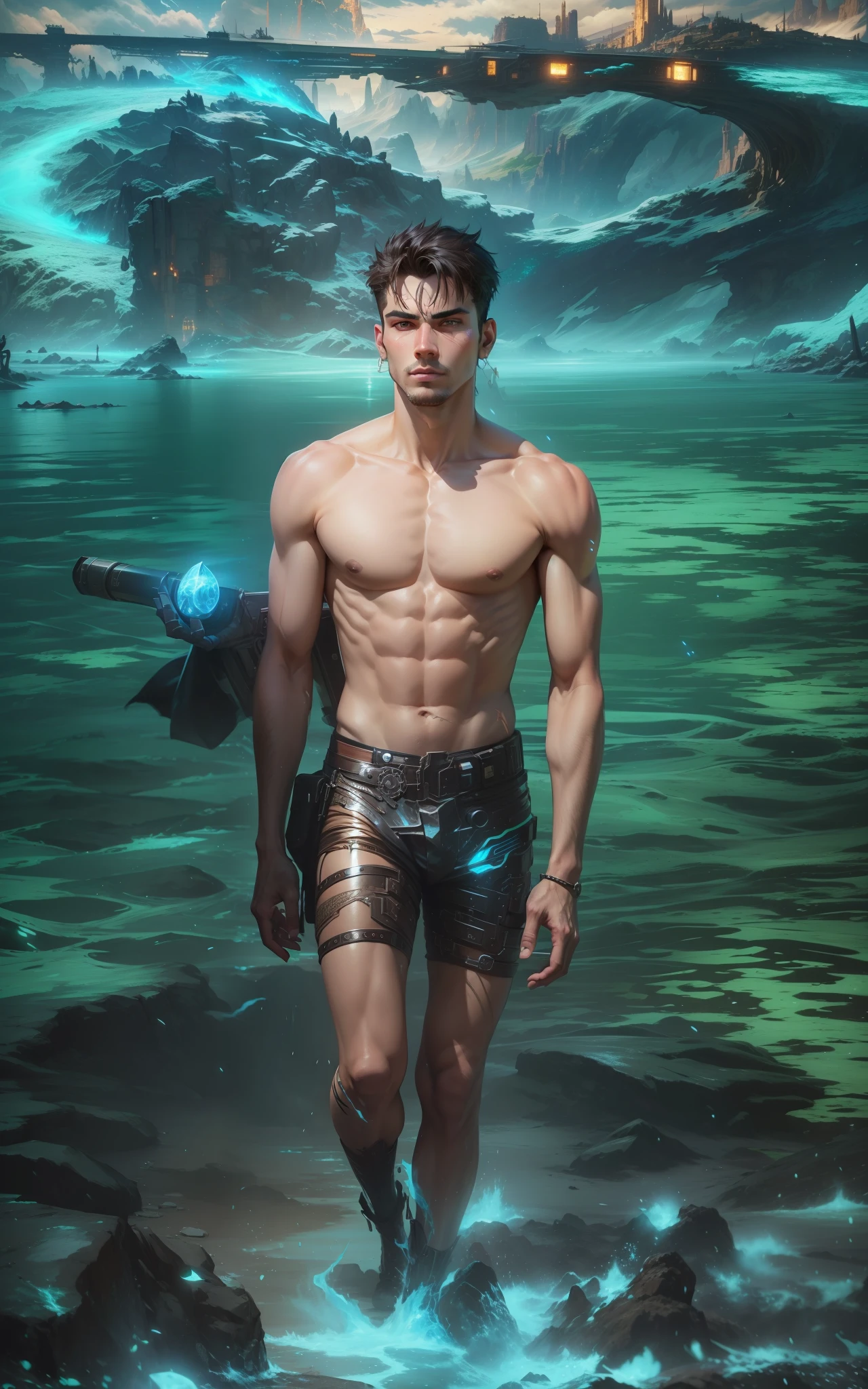 Handsome face , real body shape, fantasy world , battle , change background asthetic, cute , 8k quality, realistic, divine, cyberpunk, wearing loin,