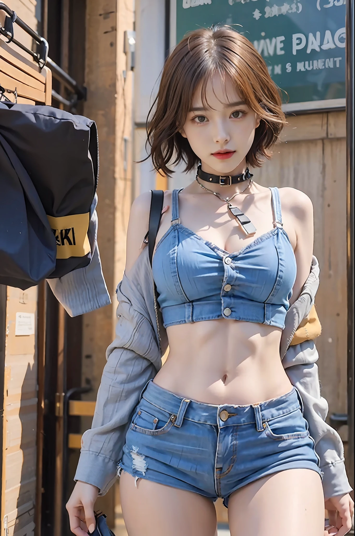 （（mediuml breasts，tomboyish girls，））， （chiseled abs：1.1），（perfect bodies：1.1），（Short wave hair：1.2），auburn hair，collars，chain，full body shot shot，full bodyesbian，Long legs，crowding street，Wear a vest，jean jacket，（torn laundry：1.3）（（denim short，Reveal long legs）），（Very detailed CG 8k wallpaper），（Extremely refined and beautiful），（tmasterpiece），（best qualtiy：1.0），（超A high resolution：1.0），beautiful illumination，perfect lightning bolt，realistic shaded，[A high resolution]，Detailed skins， Hyper-detailing（（（a color））），high realistic，full bodyesbian，Long legs