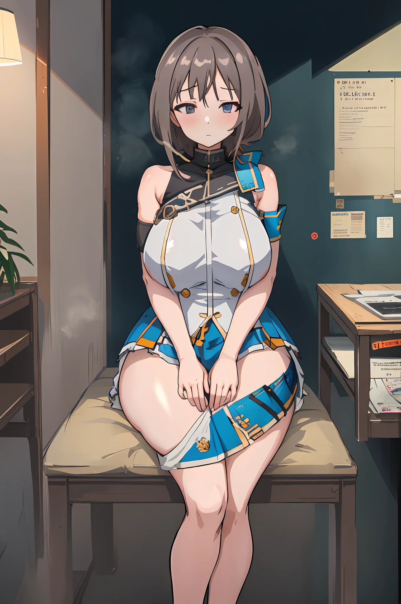 ​masterpiece, top-quality, high_resolution, fine detailed, highly detailed and beautiful, Distinct_image, 1 rapariga, 独奏, , A dark-haired, red eyes, (huge-breasted), (tits out),(Silver-haired long),Anime girl in blue dress sitting on chair with guitar, from girls frontline, Fine details. girls' frontline, glamorous jill valentine, pixiv 3dcg, , beautiful alluring anime woman, sona is a slender, Top Rated on pixiv, Seductive Anime Girl, In pixiv, pixiv