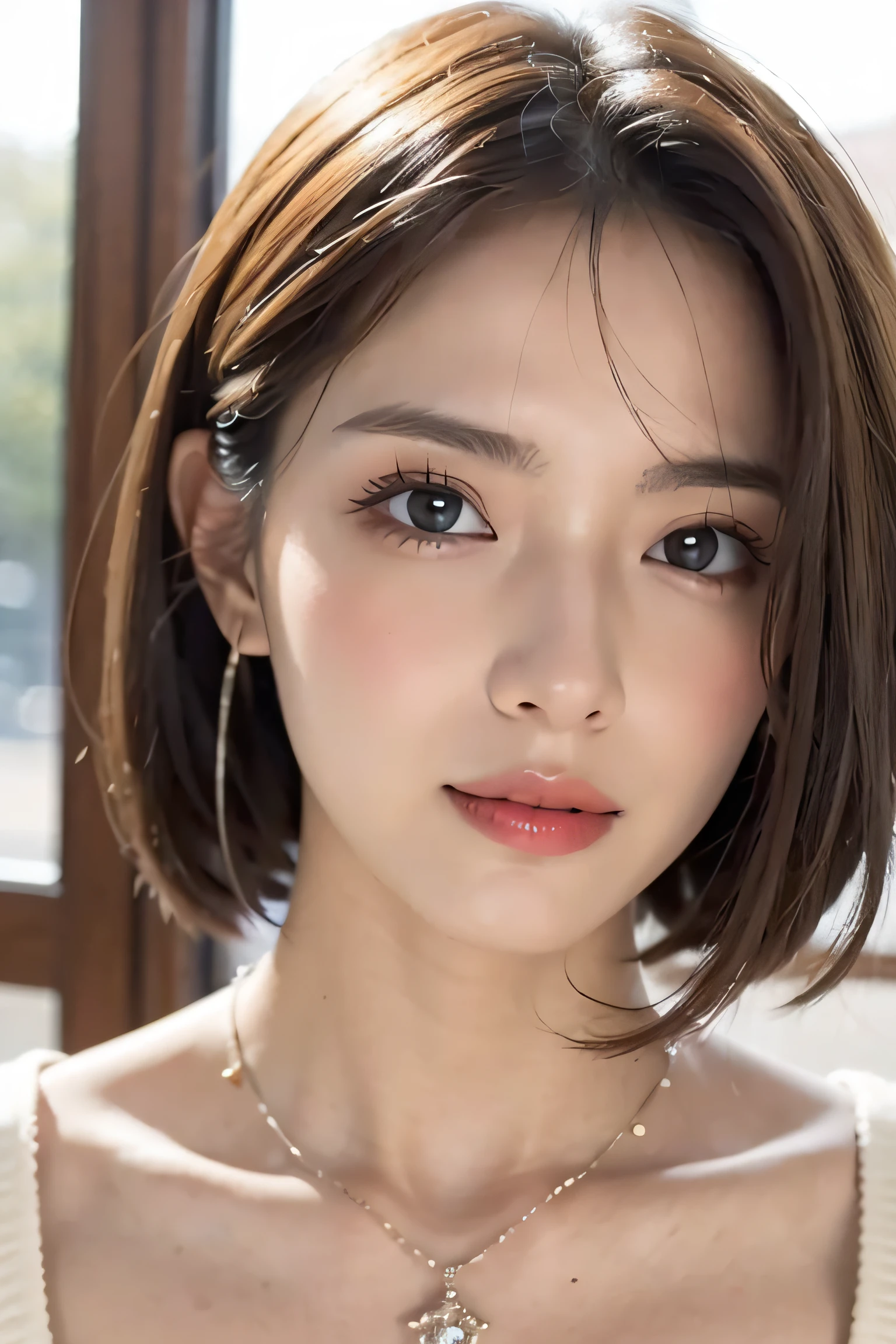 Random posture,1girl,seduce,  beautiful breasts, lips, realistic, photo_\(medium\), solo, (masterpiece),(photorealistic:1.3), ultra-detailed, (high detailed skin:1.2),(best quality:1.0), (ultra highres:1.0), (ulzzang-6500:0.3), beautiful and clear eyes, delicate necklace,sunshine, (beautiful detailed makeup), (sexually aroused blushing heavy breathing:1.0), (soft glow bloom:0.5),