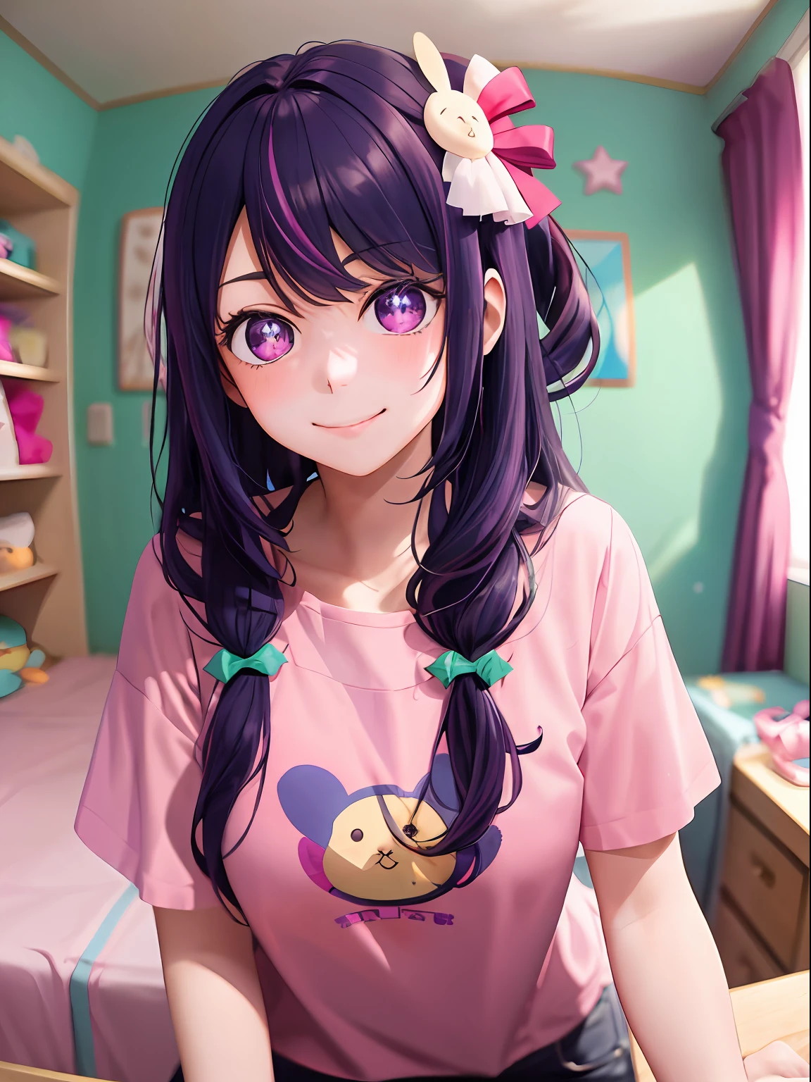 Ai Hoshino, Long hair, Purple hair, Striped hair, Purple eyes, Star-shaped eyes, Hair ornament, Smile, Naughty face, (pink cute room), Under makeup, Under makeup