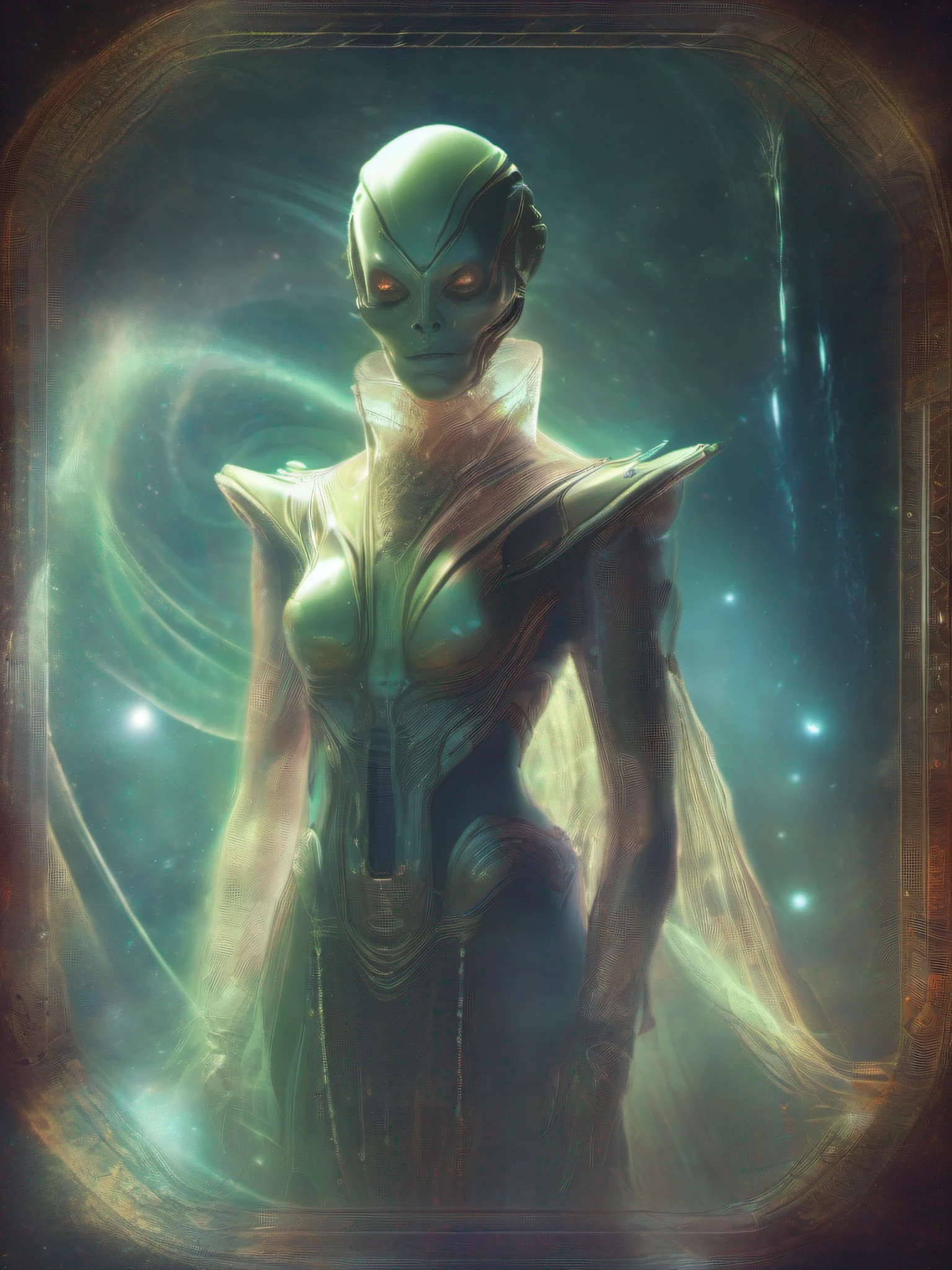 Ghostly portrait of a futuristic alien from another dimension creator of the universe with powerful ancient magic from an unknown dimension