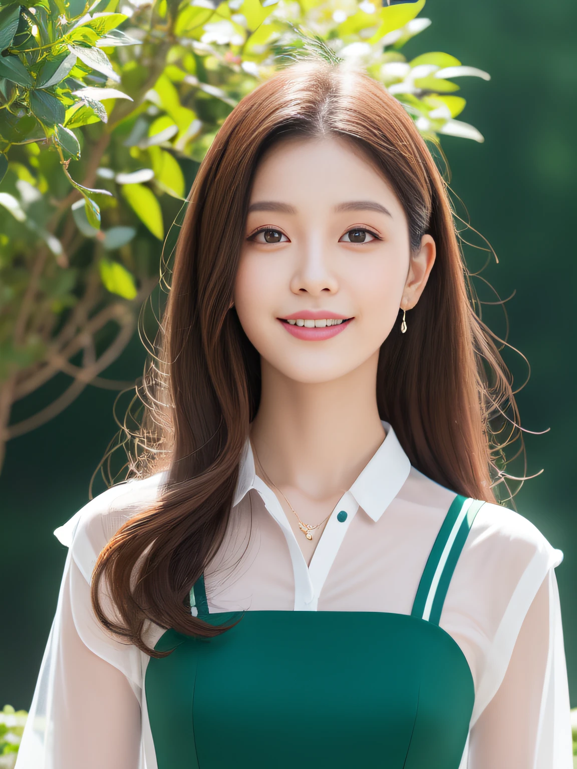 there is an ancient palace next to the girl,An extremely delicate and beautiful girl,realisticlying,unbelievable Ridiculous,abstract artistic,From hips to shoulders,Catch,Extremely detailed body,woman,年轻,20yr old,Very long hair,Floating hair,Light brown hair,two tone color hair,Beautiful fine hair,exquisite and beautiful face,light smile,Clear eyes,parted_Lips, Black colored eyes,Neck_ribbon,frilld_dress,jaket,Green transparent skirt,Floating palace,beautiful and clear background,beautiful sky,full bloom,very precise detail,absurderes,extremely CG,