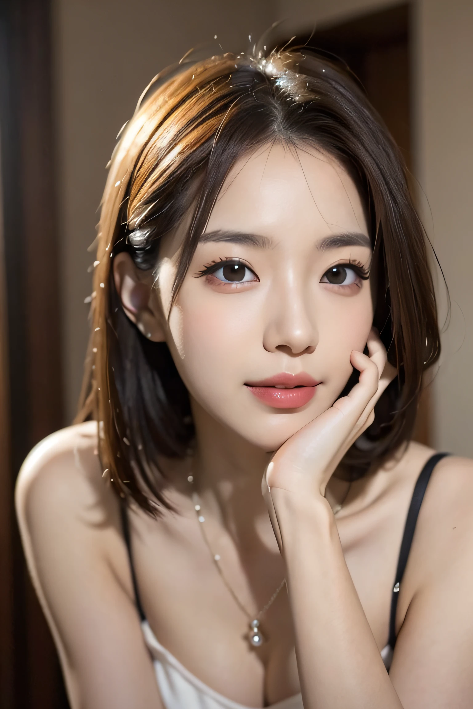 Random posture,1girl,seduce,  beautiful breasts, lips, realistic, photo_\(medium\), solo, (masterpiece),(photorealistic:1.3), ultra-detailed, (high detailed skin:1.2),(best quality:1.0), (ultra highres:1.0), (ulzzang-6500:0.3), beautiful and clear eyes, delicate necklace,sunshine, (beautiful detailed makeup), (sexually aroused blushing heavy breathing:1.0), (soft glow bloom:0.5),