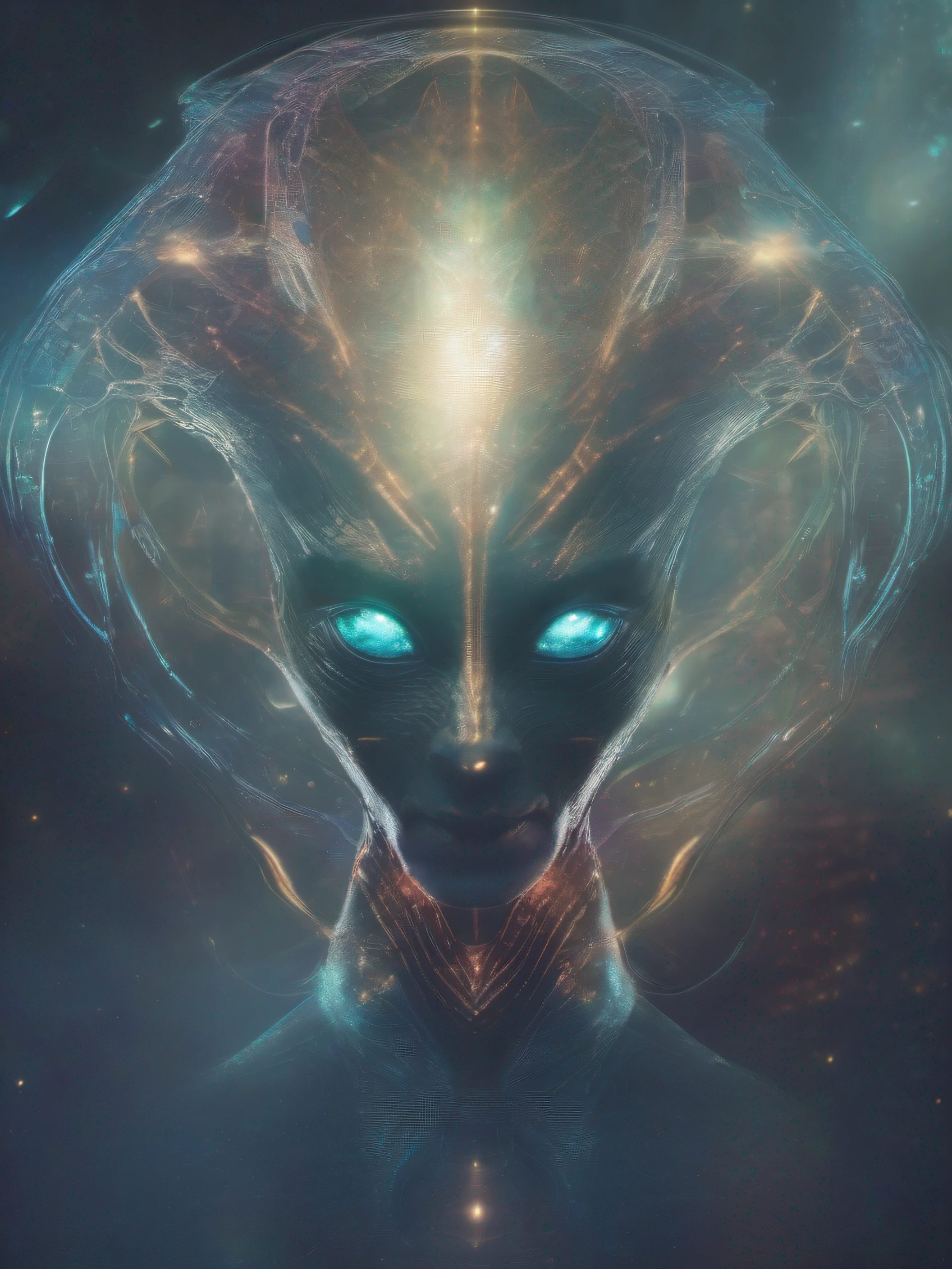 Ghostly portrait of a futuristic alien from another dimension creator of the universe with powerful ancient magic from an unknown dimension