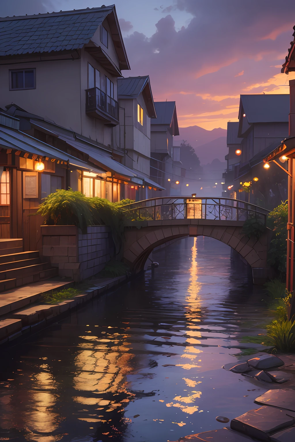 1girl, Post-Impressionism, anime key visual, landscape of a Wet Stupid Fish market and biophilic Tanzanian Bridge, at Twilight, Sketch, hair light, hearthstone artwork, cinematic, unreal engine