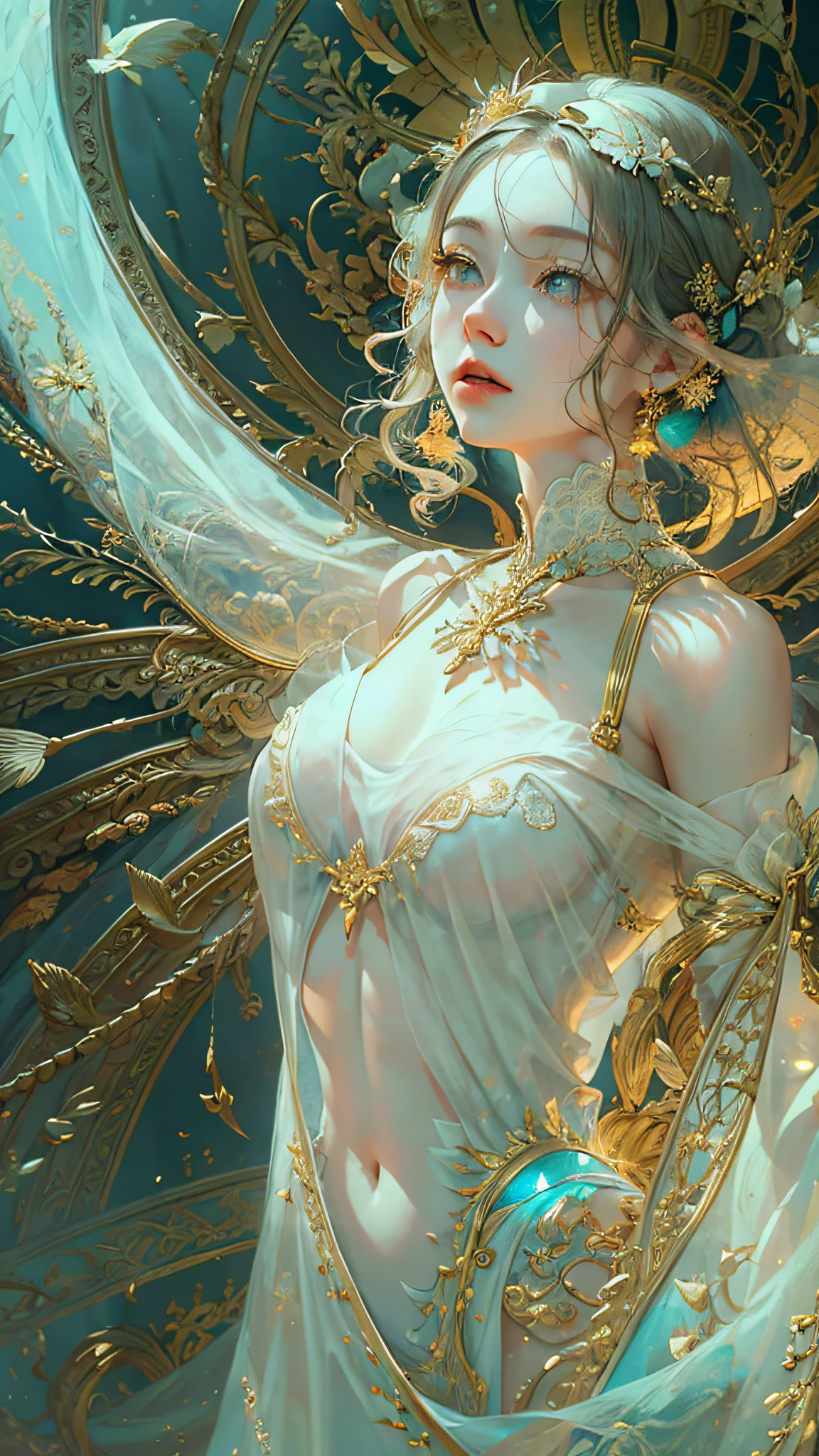 （best qualtiy）， （（tmasterpiece））， 1个Giant Breast Girl，（独奏），half-body portrait， Delicate face， looking at viewert， Firm eyes， exposed bare shoulders，Exquisitehands， Um ser celestial， light particules， The halo，the ocean， Full of energy， Colorful colors， （Bio-luminescence），（Detailed composition）， 电影灯光