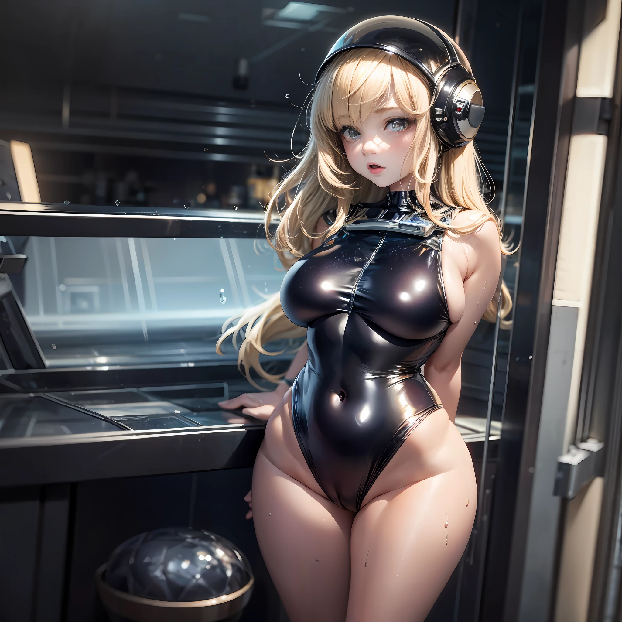 {{{NSFW still shows 1:5]]], R-18, masterpiece, one beautiful girl, 18 years old, sexy astronaut, astronaut helmet, flesh-colored miniature micro latex swimsuit high legs, interestelar spaceship cabin, , standing , looking from the front, thinning thighs,shiny oiled skin, water droplets, troubled face, platinum Blonde hair, princess cut, midium hair, bangs, anatomically correct body, perfect body proportions, high thong in pussy, perfect cameltoe.