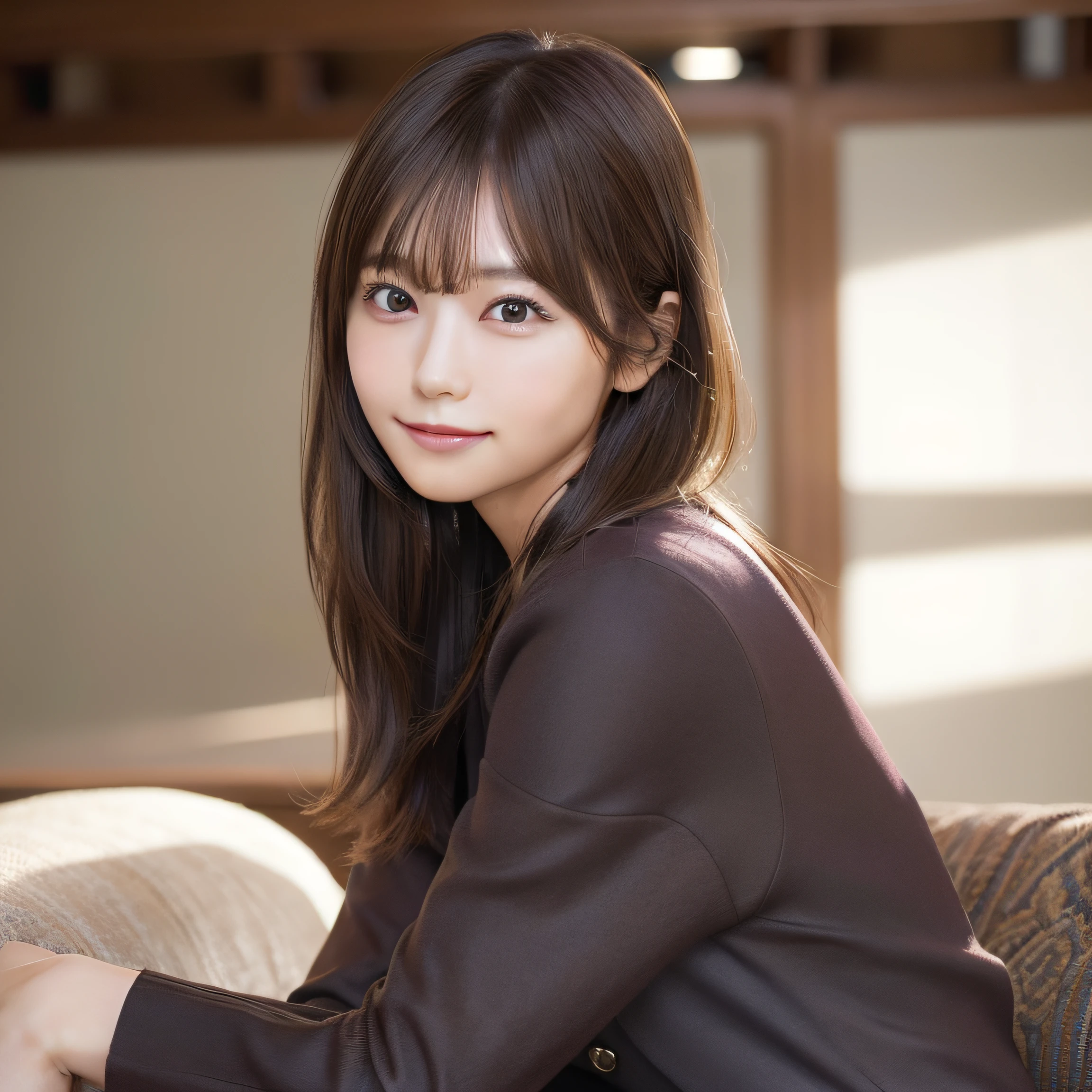 8k RAW photo,Best Quality, top-quality:1.1, ​masterpiece:1.3,超A high resolution, (Photorealistic:1.4), Raw photo, (upper thigh:1.5, From Side), natural skin textures:1.1, realistic eyes and face details:1.3, Full lips,(Background is blurry:1.4), (in a suite), 1日本人の女の子, Cute, (Solo:1.6), (Shy smile), (Dark brown eyes), Smooth skin, (Brown medium hair,Bangs), (touch hair:1.4),nogizaka,s Office,Business suits、full bodyesbian、Sit on the sofa