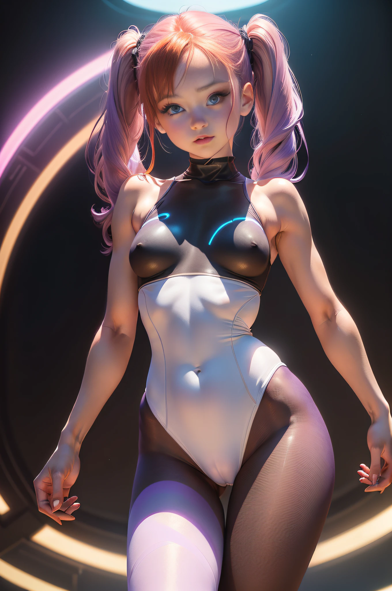 1 girl, solo, (nsfw), (cute 18-year-old redhead girl in twin tails), multiple (luminous rainbow colored hair: 1.2), ((perfect body: 1.6)) (beautiful detailed eyes: 1.6), (photo realistic eyes: 1.6), happy and smiling, Ukrainian, (petite gymnast body), ((gymnast body, beautiful full round breasts, small head, dainty hands: 1.6)), (shy cute pose), (pale white skin), (camel toe), ((see through pastel purple cotton leotard: 1.6)), with (smooth pantyhose leotard: 1.6), (tron style background) high tech (wide angle lens), colorful neon lighting, ((very dark sky)), futuristic city, photo realistic.