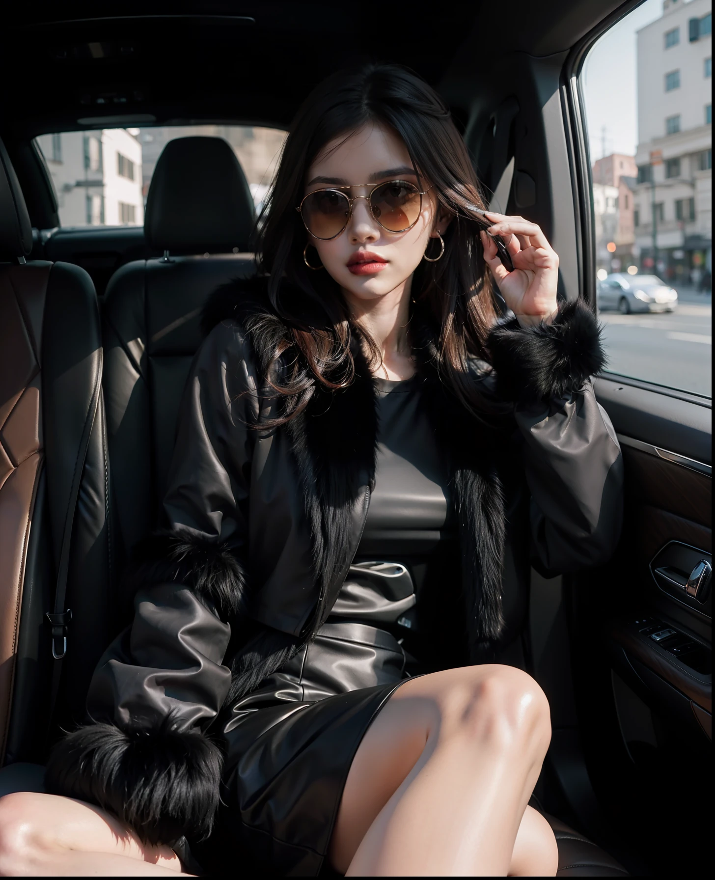 Woman wearing sunglasses and wearing fur dress sitting in luxury car