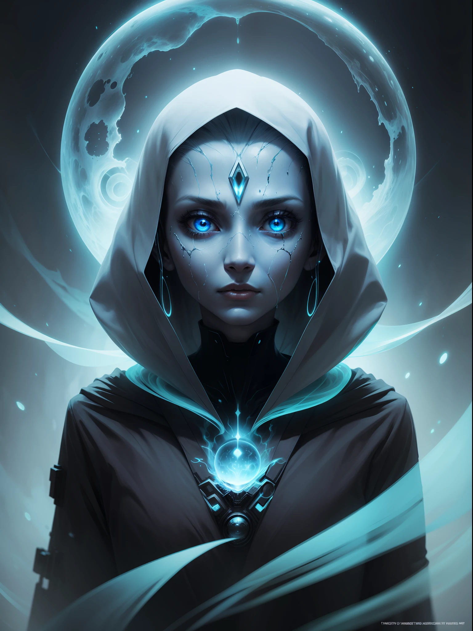 Ghostly portrait of a futuristic alien from another dimension creator of the universe with powerful ancient magic from an unknown dimension