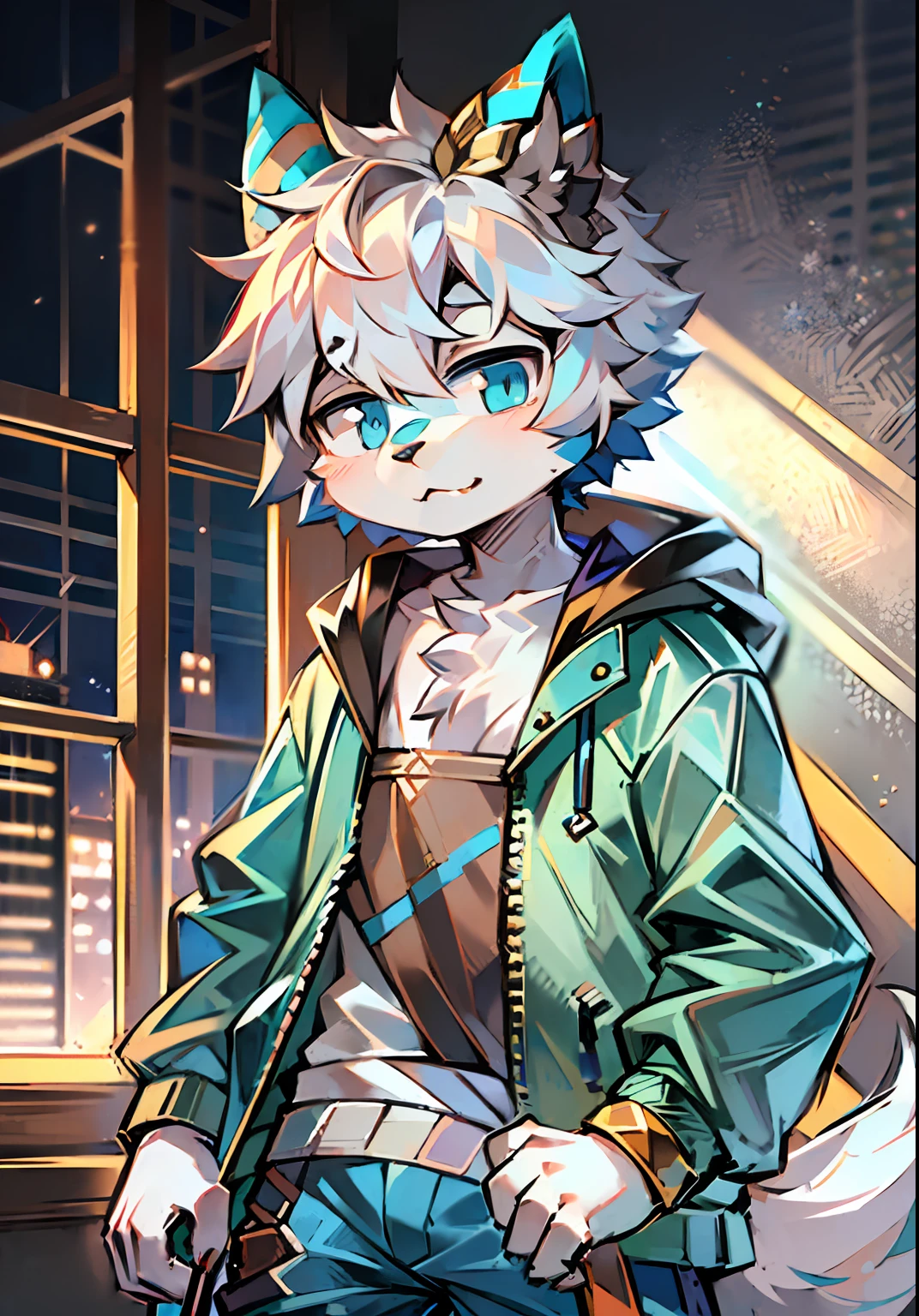 eyes with brightness, in a panoramic view, Character Focus Solo, shaggy, furry wolf, Blue-white fur for men, blue color eyes, white color hair(The long)Loli style,Little cute, Will sell moe,Wear blue clothes and pants,The characters are standing