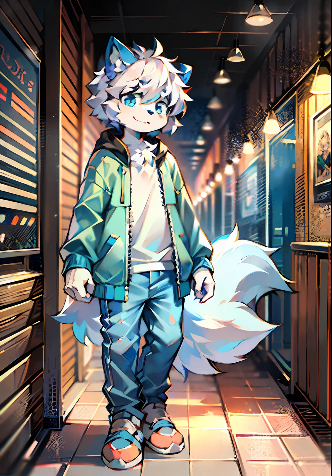eyes with brightness, in a panoramic view, Character Focus Solo, shaggy, furry wolf, Blue-white fur for men, blue color eyes, white color hair(The long) style,Little cute, Will sell moe,Wear blue clothes and pants,The characters are standing