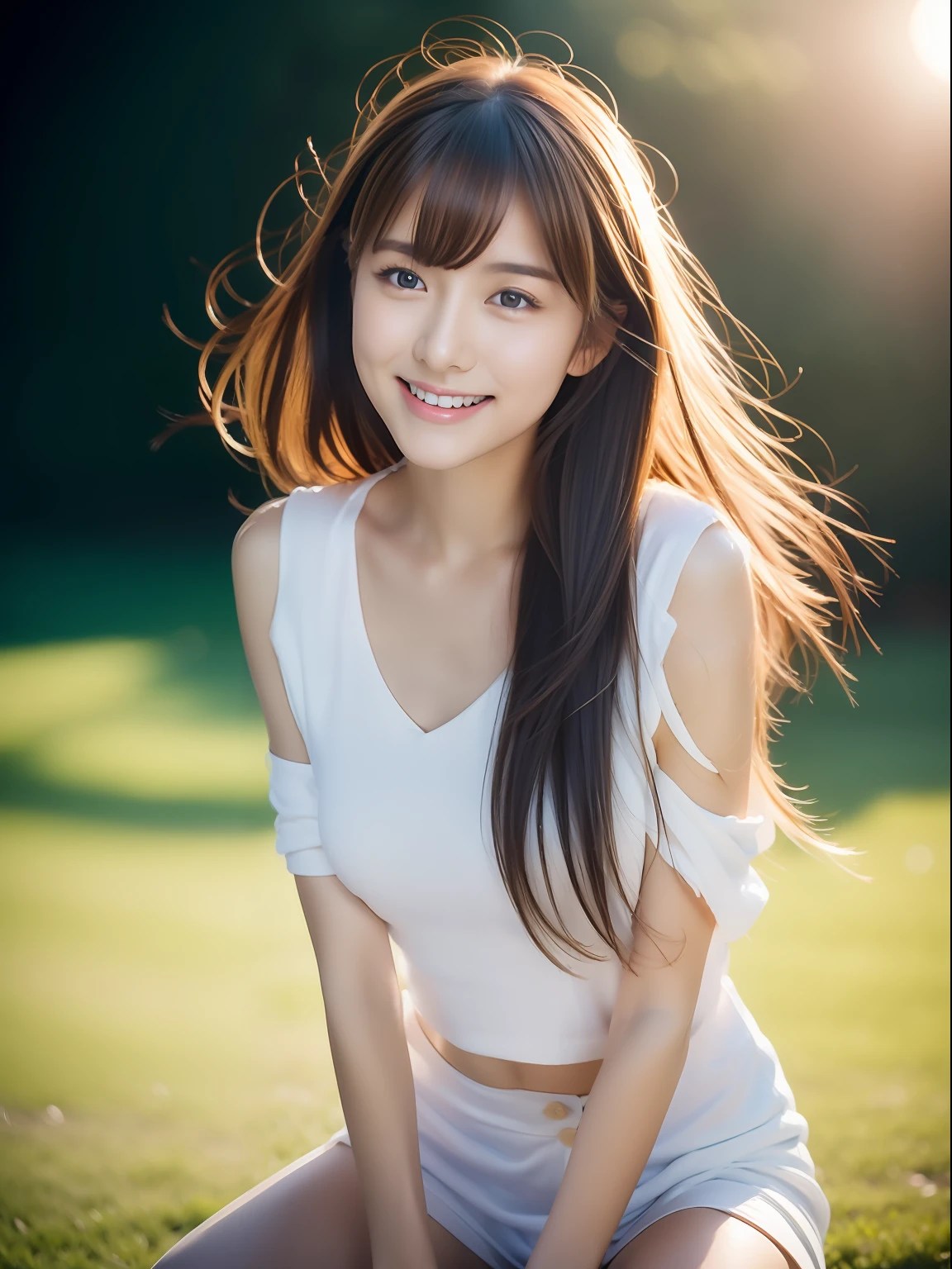 （1girll:1.0），(8K, Best quality, tmasterpiece),ultra - detailed, adolable, 独奏, cute Japan woman,brown  hair,By bangs, long whitr hair, pony tails,Beautiful and delicate eyes,Eyes speak， Moisturizes skin，protrusions，dynamicposes，protrusions，Squat，，profesional lighting，photon maping，Radio City，physically-based renderingt，cinmatic lighting，Athletics field,depth of fields,Clear focus,rays of sunshine,well-composed,(Bokeh:1.2) ，(full bodyesbian),(Keep your mouth shut),美丽细致的眼睛,lewd poses,a narrow waist,Brownish-yellow hair，messy  hair,Long hair flutters in the wind，