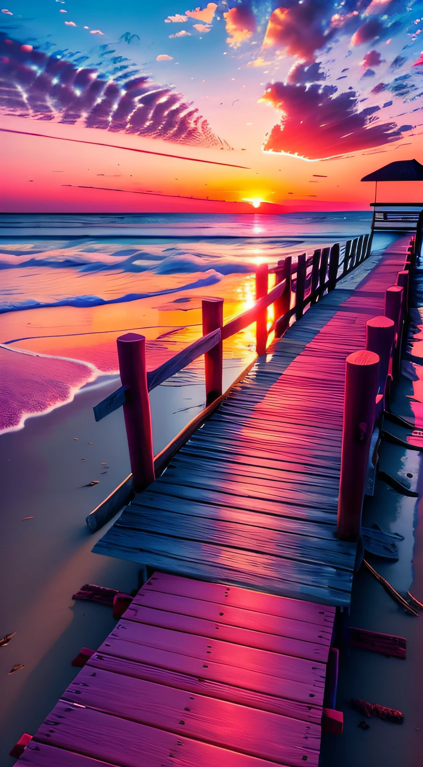 Beach close-up,Very long wooden bridge in the water,Sunsets and bodies of water, stunning skies, which shows a beach at sunset, stunning skies, redpink sunset, Colorful sunset, Pink sunset, colorfull sky, colorfull sky, pink skies, breathtaking colors, the colours of the sunset, vibrant sky, amazing sunset, Incredibly beautiful, vibrant sunset, colours of the sunset