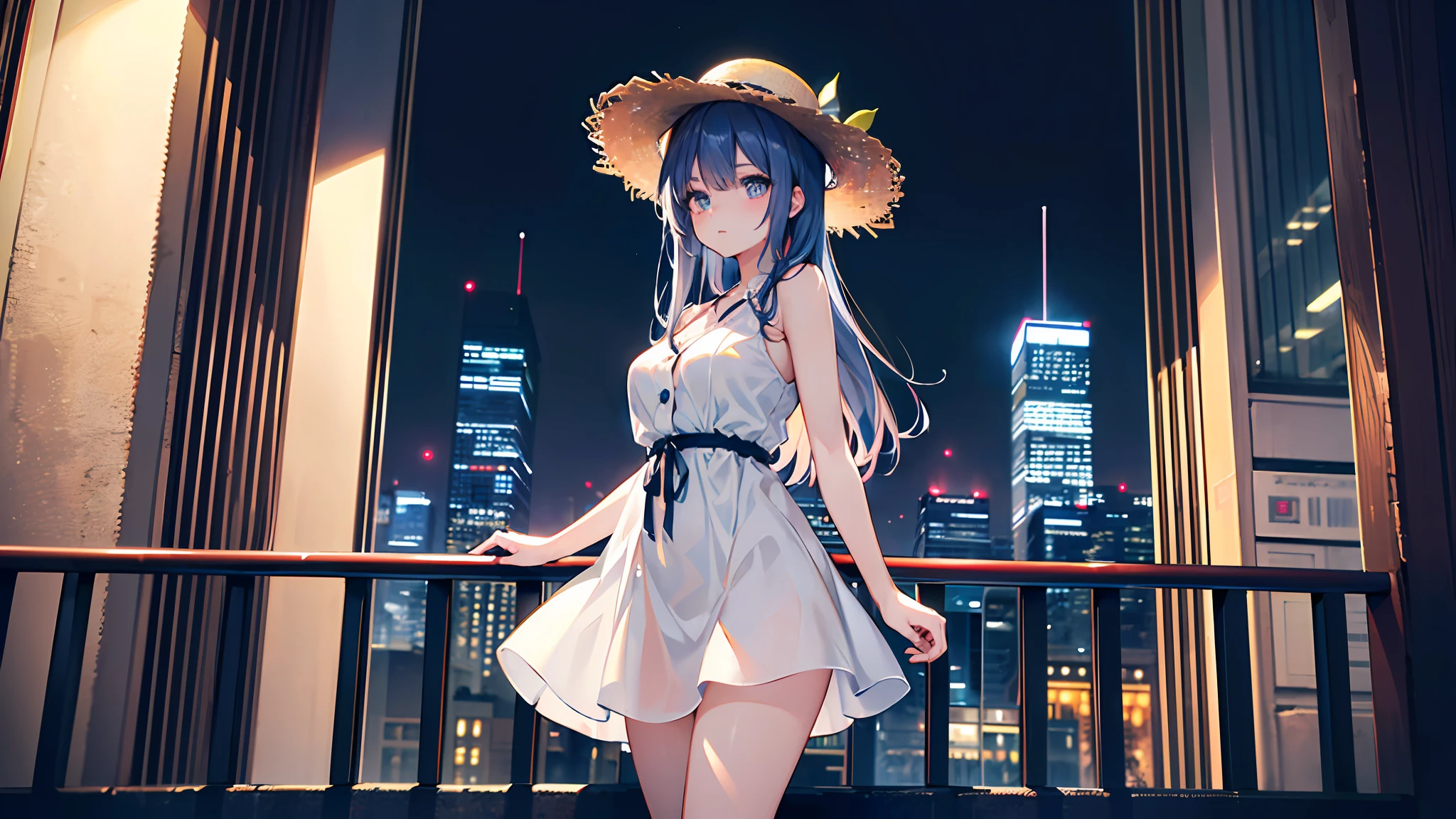 (Masterpiece, top quality, super detailed CG, ultra detailed beautiful face and eyes, super detailed, intricate details:1.2), 8k wallpapers, elaborate features,
(1 person, solo:1.4)perfect cartoon illustration,(1 person, solo:1.4)
(realistic textures:0.8), high res, cute, (vivid colors, dynamic lighting:1.0), (high contrast:0.8),
A fair-skinned young woman, standing between huge skyscrapers in a city, a beautifully shaped face, slender height, wearing a thin white one-piece dress that reaches her calves, a straw hat, the beautiful silhouette of her whole body is faintly visible through her clothes, the location is a huge city where she alone exists (time is night), the night view is beautiful, her whole body is in the illustration.