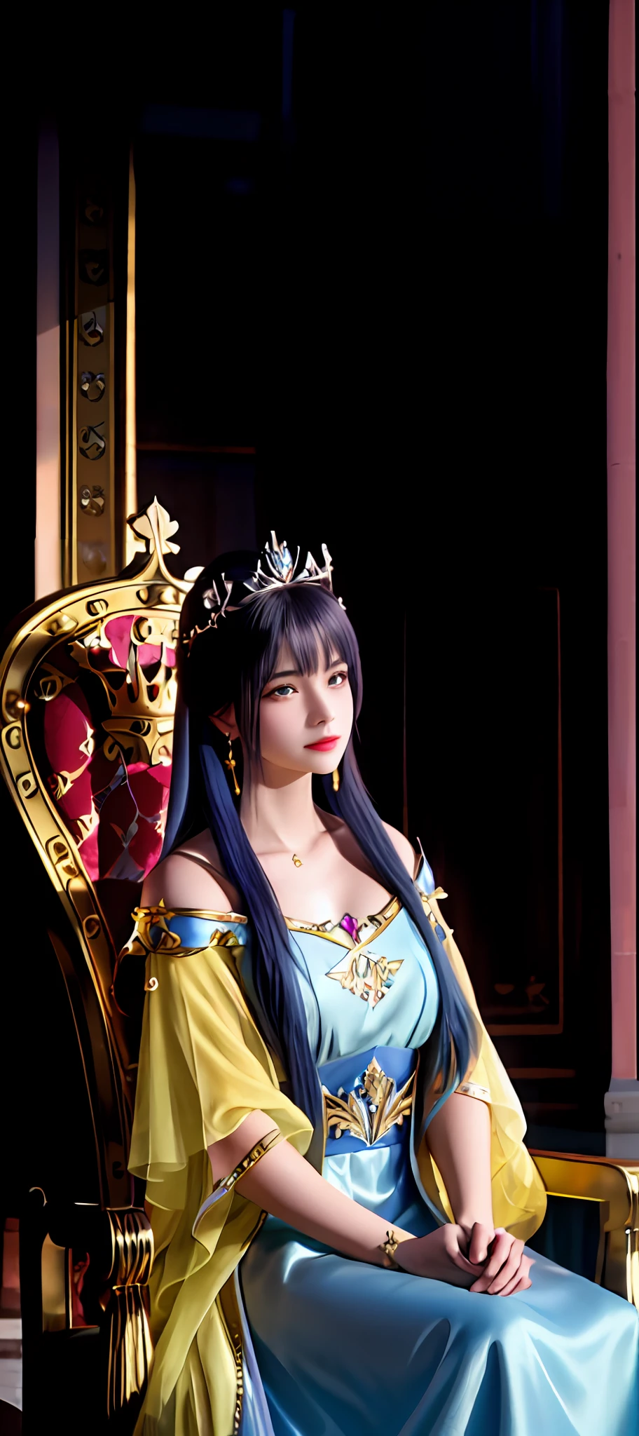 realisticity: 1.2), best quality, masterpiece, highres, super detail, ultra detail, cg, 1girl, queen, weapon, sword, long hair, dress, water, solo, jewelry, yellow dress, wearing a very beautiful crown, earrings, hair ornament, splashing, upper body super realistis, hair bun, blue and pink hair, sitting on a magnificent and beautiful royal throne backgraun super realistis and super detai, ultra detail, lighting,candid, Photograph, high resolution, 8k, 10k, Bokeh,