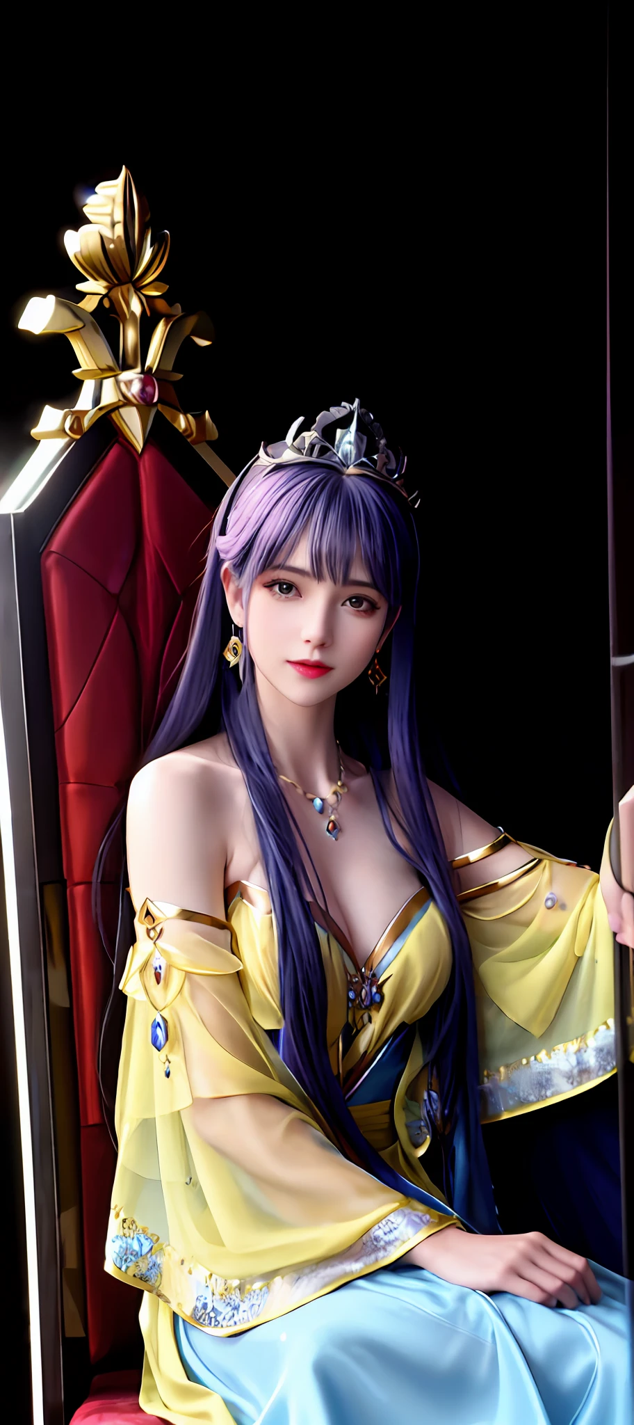 realisticity: 1.2), best quality, masterpiece, highres, super detail, ultra detail, cg, 1girl, queen, weapon, sword, long hair, dress, water, solo, jewelry, yellow dress, wearing a very beautiful crown, earrings, hair ornament, splashing, upper body super realistis, hair bun, blue and pink hair, sitting on a magnificent and beautiful royal throne backgraun super realistis and super detai, ultra detail, lighting,candid, Photograph, high resolution, 8k, 10k, Bokeh,