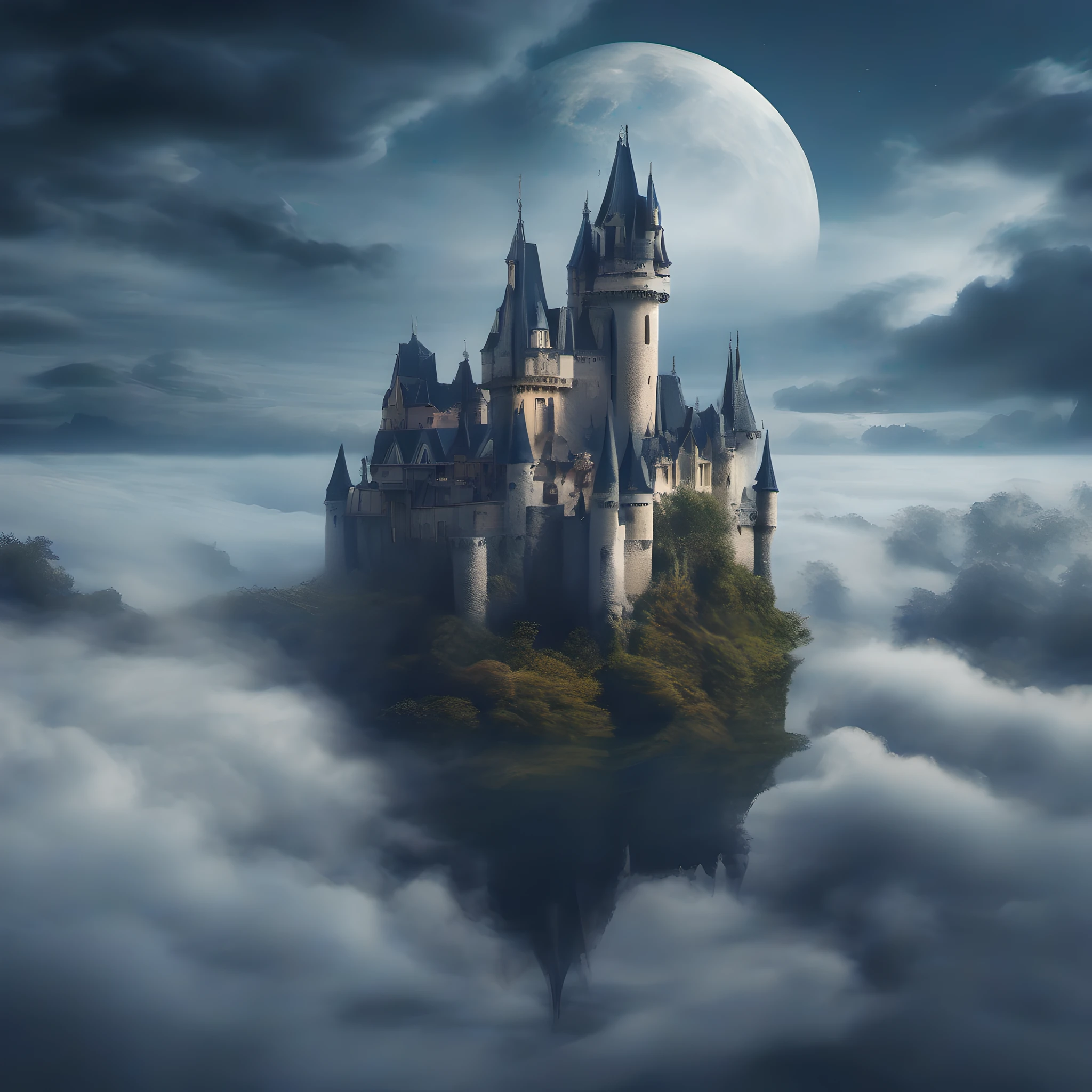 Create a hyper-realistic, high-resolution image of a soft earth elemental lurking in an enchanted castle floating above clouds . The style should be reminiscent of classic fairytale illustrations with deep blues and blacks with contrasting moonlight.. . Use a standard lens to capture the image. --estilo raw