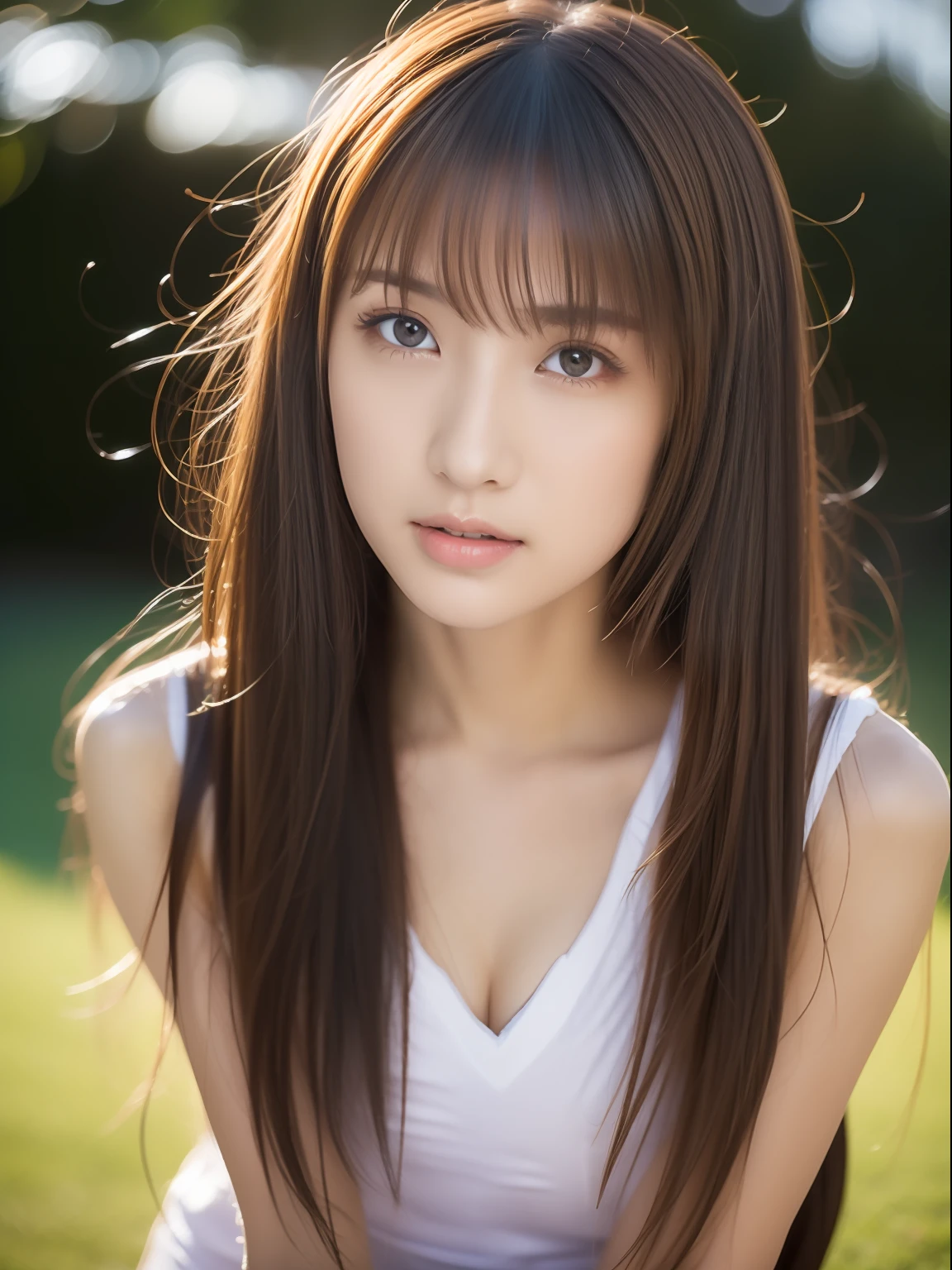 （1girll:1.0），(8K, Best quality, tmasterpiece),ultra - detailed, adolable, 独奏, cute Japan woman,brown  hair,By bangs, long whitr hair, pony tails,Beautiful and delicate eyes,Eyes speak， Moisturizes skin，protrusions，dynamicposes，protrusions，Squat，，profesional lighting，photon maping，Radio City，physically-based renderingt，cinmatic lighting，Athletics field,depth of fields,Clear focus,rays of sunshine,well-composed,(Bokeh:1.2) ，(full bodyesbian),(Keep your mouth shut),美丽细致的眼睛,lewd poses,a narrow waist,Brownish-yellow hair，messy  hair,Long hair flutters in the wind，