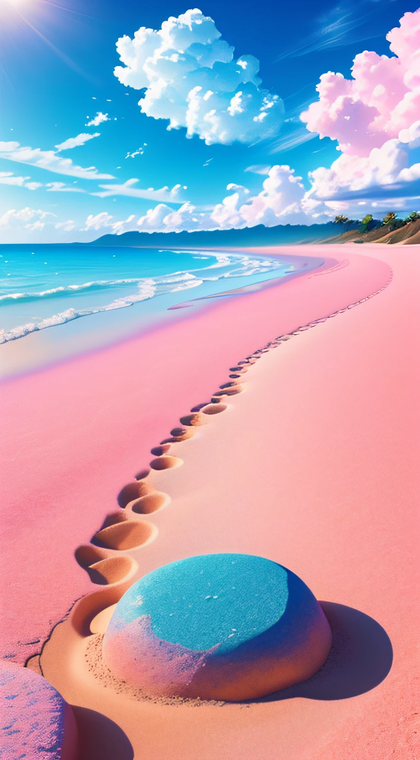 Exquisite scenes，depth of fields，8K，Cloudless，Blue sky，The sun shines on the pink sand。There are roses on the beach，Goose warming stone