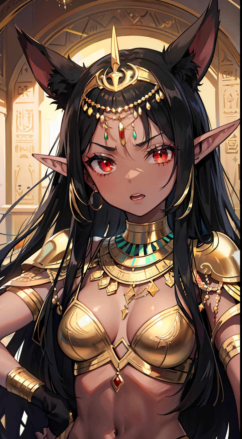 Young black girl, black skin, Long black hair, elf ears, red-eyes, Egyptian Princess, golden jewelery, anger, Masterpiece, hiquality