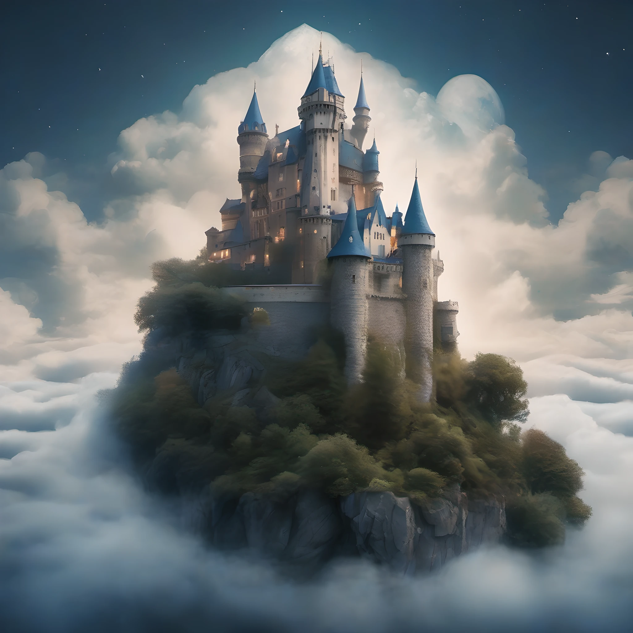 Create a hyper-realistic, high-resolution image of a soft earth elemental lurking in an enchanted castle floating above clouds . The style should be reminiscent of classic fairytale illustrations with deep blues and blacks with contrasting moonlight.. . Use a standard lens to capture the image. --estilo raw