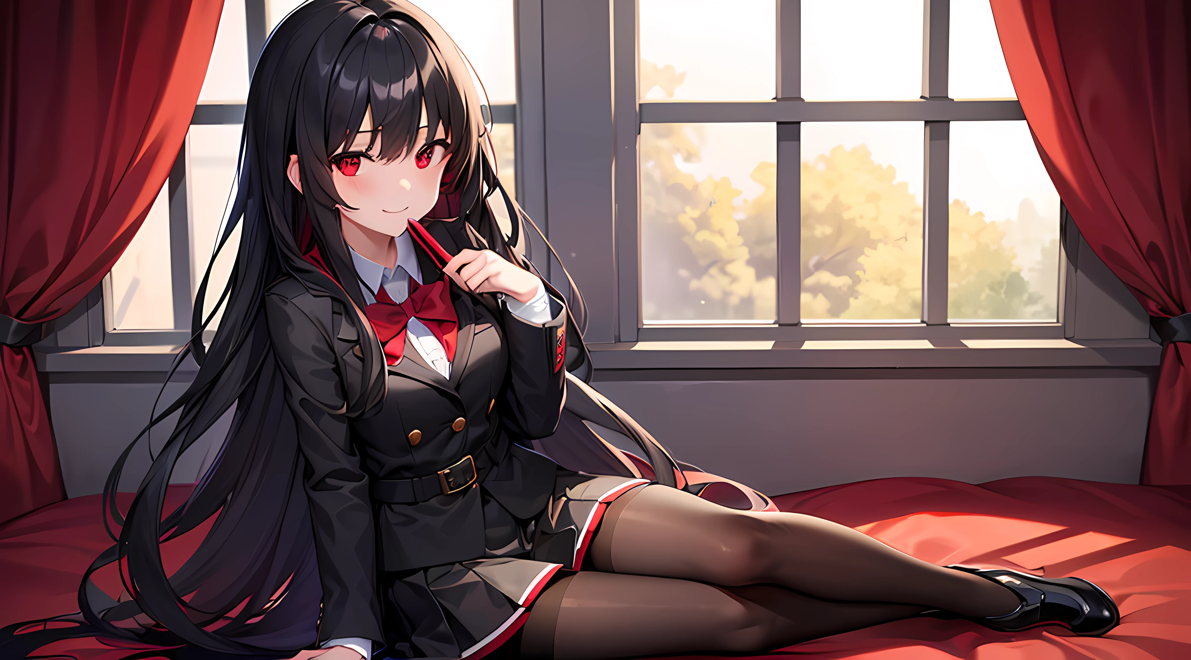 1girl, long hair, red bow, black skirt, red eyes, black pantyhose, looking at viewer, bracelet, gradient hair, evil smile, sitting, solo, window, coat, black coat, black hair