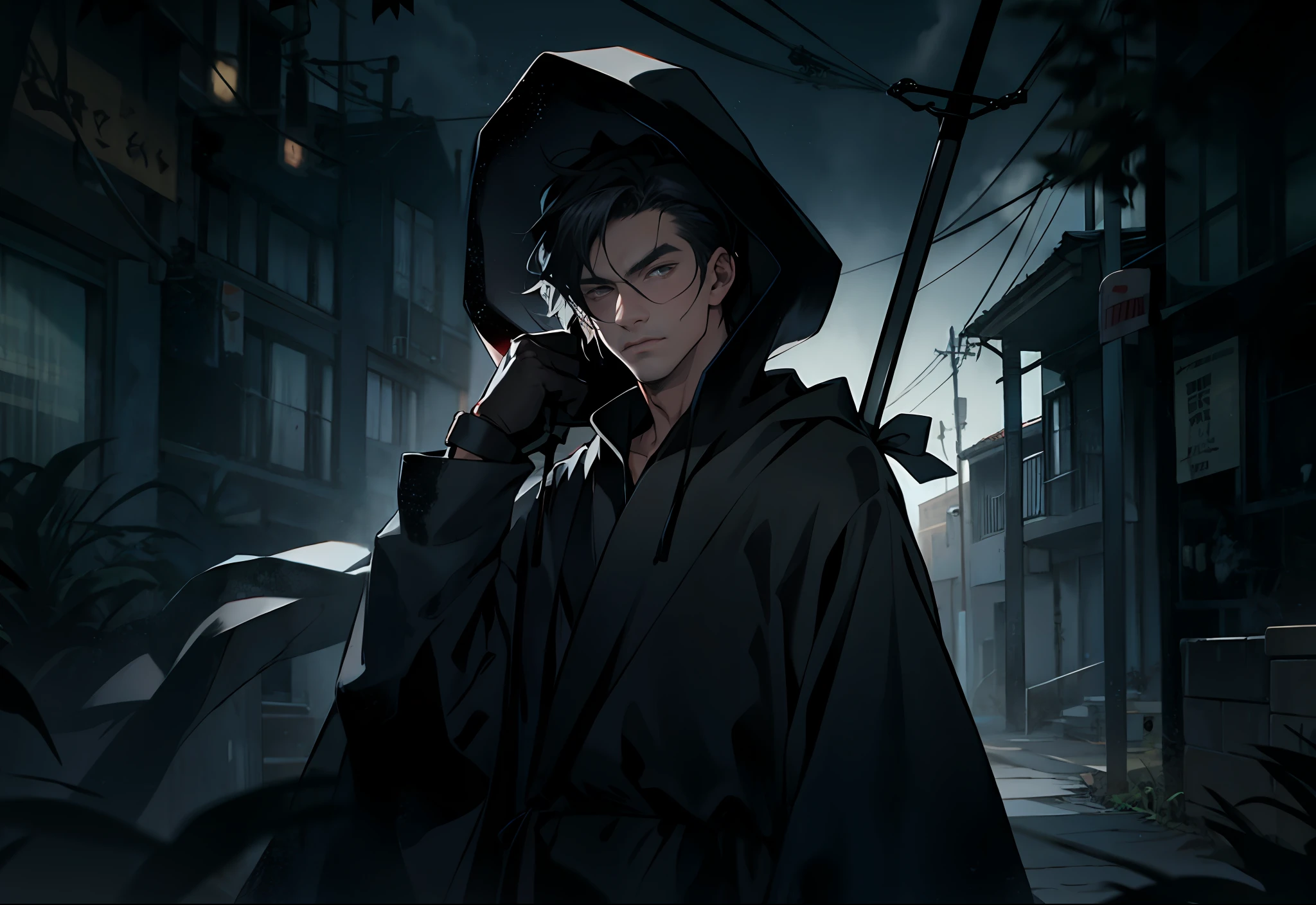 overcast day,Classic black robe,Black hood,crutch,1 man,Middle century style street,black cats