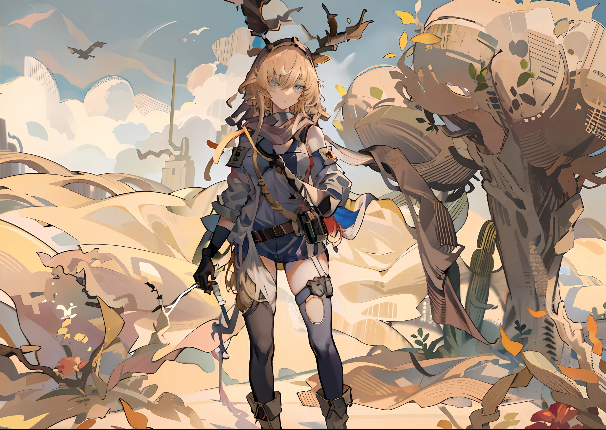 1girl, full bodyesbian, 独奏, Lateral face, (Look from afar:1.4), (walk:0.3), (standing on your feet:0.7),, (grimy:1.4)), beast ear, deer antlers,protective goggles, Wear goggles, blue color eyes,blond hairbl,lips parted,(dirty face),face expressionless,two tone color hair,whaite hair,dishiveredhair,floated hair,Black scarf,ripped clothing,dirty clothes,jaket,The shirt,((kyuubi))longer sleeves,((Red armband)),Black gloves,Fingerless gloves,flatchest,Ripped pants,Black pants,Thigh straps,(asymmetrical),Single bare leg,Single pants legs,Brown boots,(Lostlands Flowering :1.3), (Background with((scenecy:0.28), (A desert), sand dune, Midday sky, misterious, drying, Windy, barren, cacti, Camel bones, dead tree, (废墟:0.6), Big wind, (sandstorms:0.7)) ),
