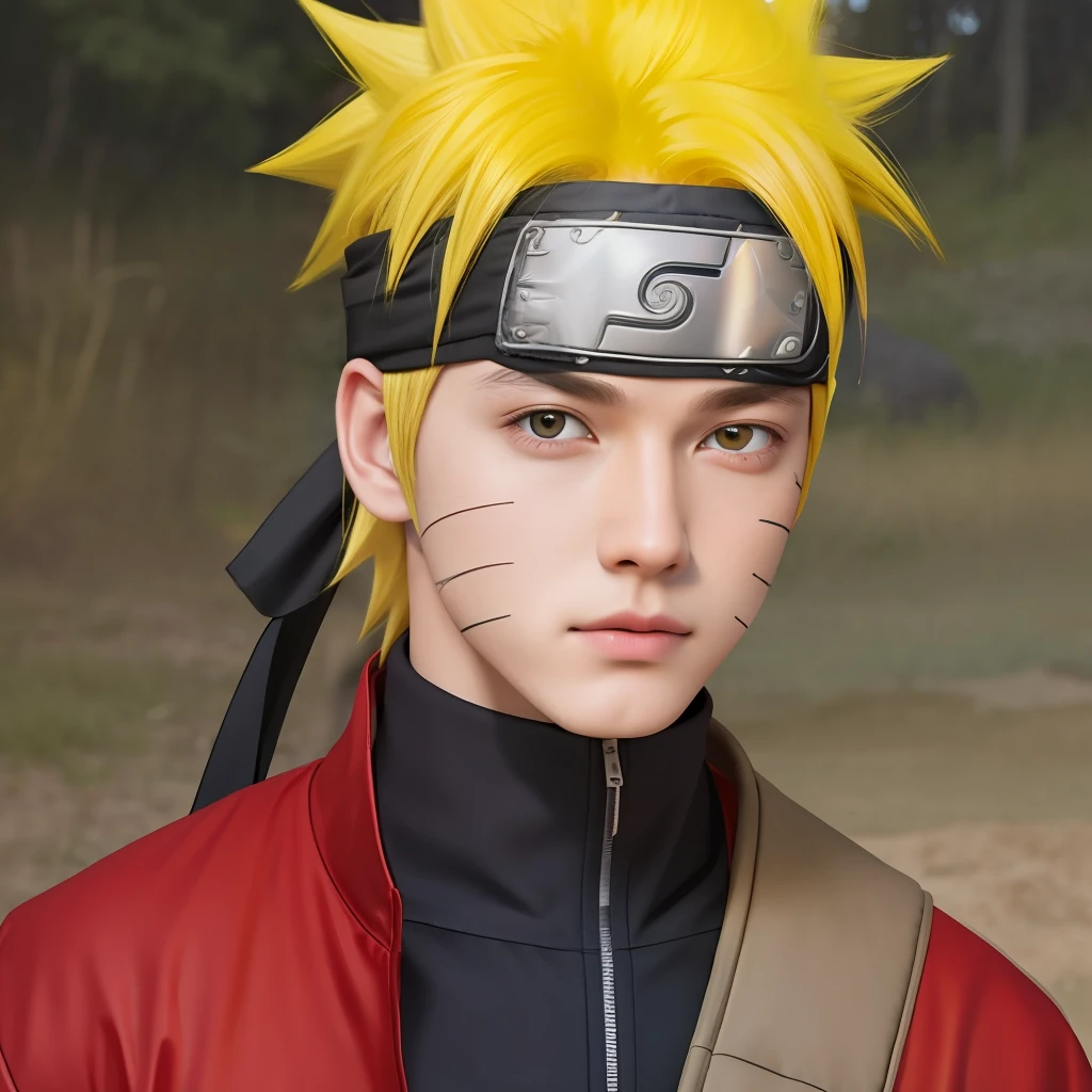 Best quality, ultra high resolution, ultra-detailed,realistic,yellow hair,18 years old,boy,Naruto Headband,
