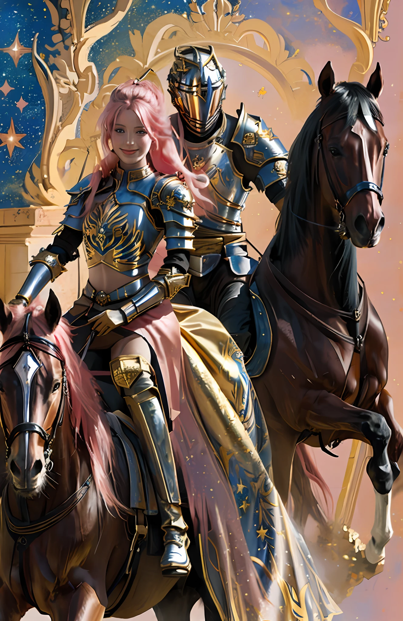 ((Fantastic paintings)), Delicate and delicate, Golden Armor Knight, ride horse, Cynthia Shepard smiled,Look at the audience, Pink hair,longponytail, A princess, beautiful female knight, Strong male knight,Magali Villeneuve style, Ivan Talavera with a unique art style, Starry sky decoration, Floral decoration, On-site renovation, Magnificent, Cosmic starry sky style, Tano