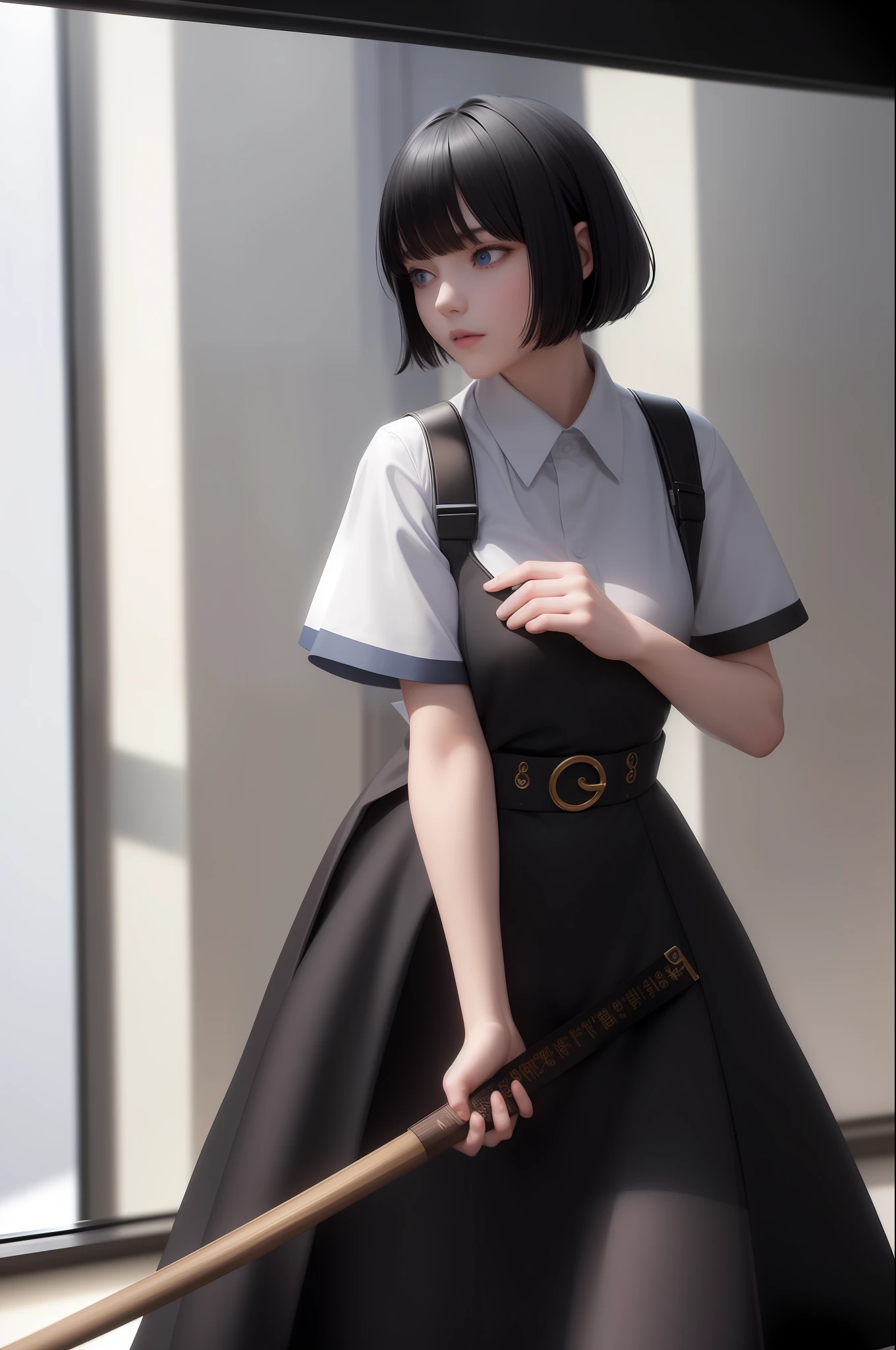 best quality, masterpiece,Black hair, blue eyes, looking up, upper body
