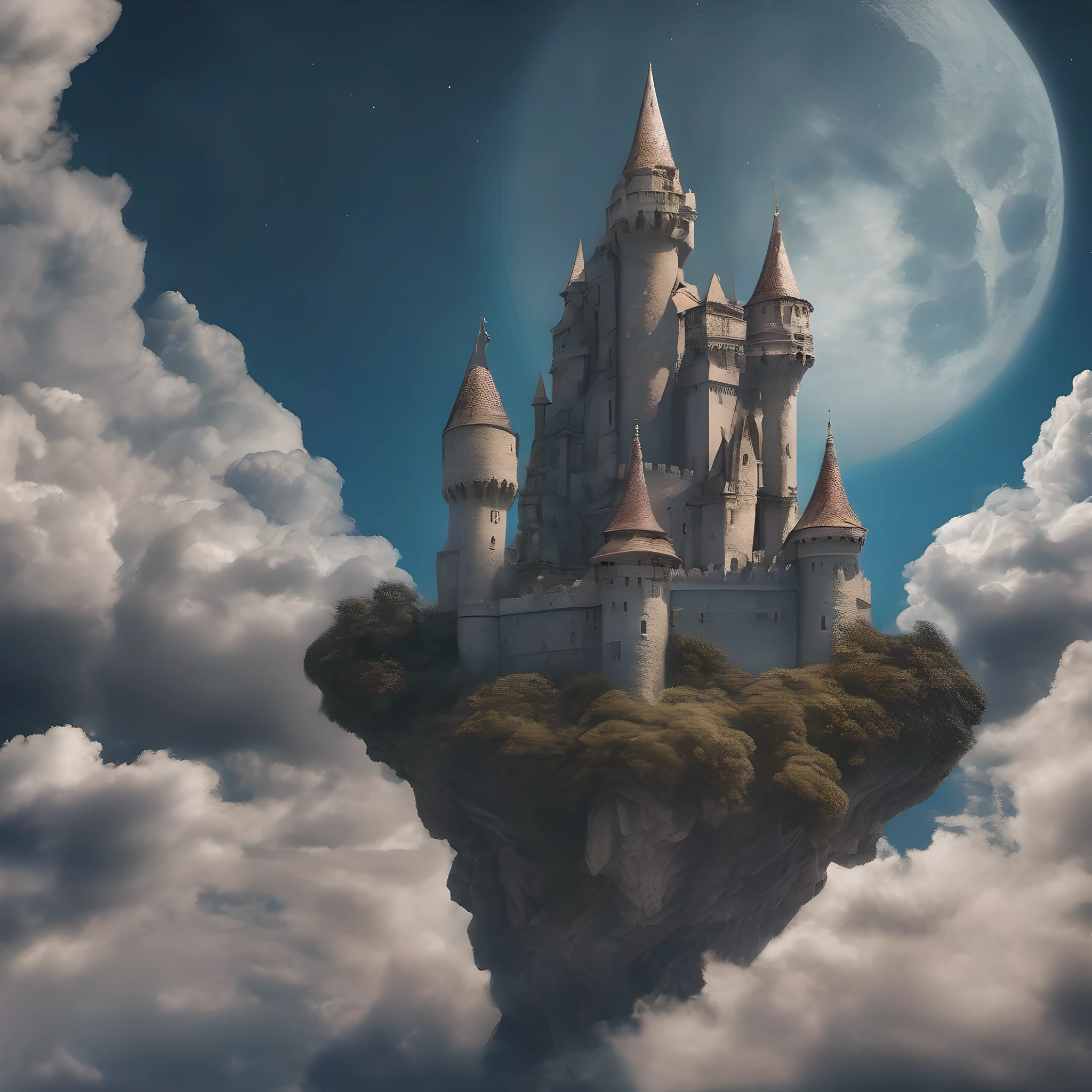 Crea un hiperrealista, High-resolution image of a soft earth elemental lurking in an enchanted castle floating above the clouds . The style should be reminiscent of classic fairytale illustrations with deep blues and blacks with contrasting moonlight.... . Use a standard lens to capture the image, style of George B. Bridgman   --estilo raw