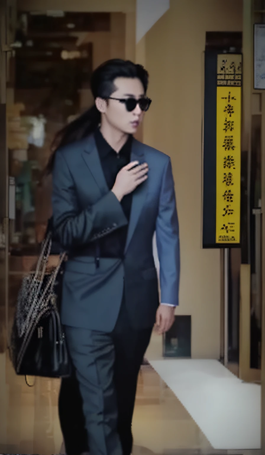 Close-up of a man in a suit and sunglasses walking, Fan Bingbing, wearing a black noble suit, Celebrity, 张曼玉, 💣 💥💣 💥, 💣 💥, Chiba Yuda, jia, wearing causal black suits, in style of kar wai wong, wong kar wai, Wang Chen