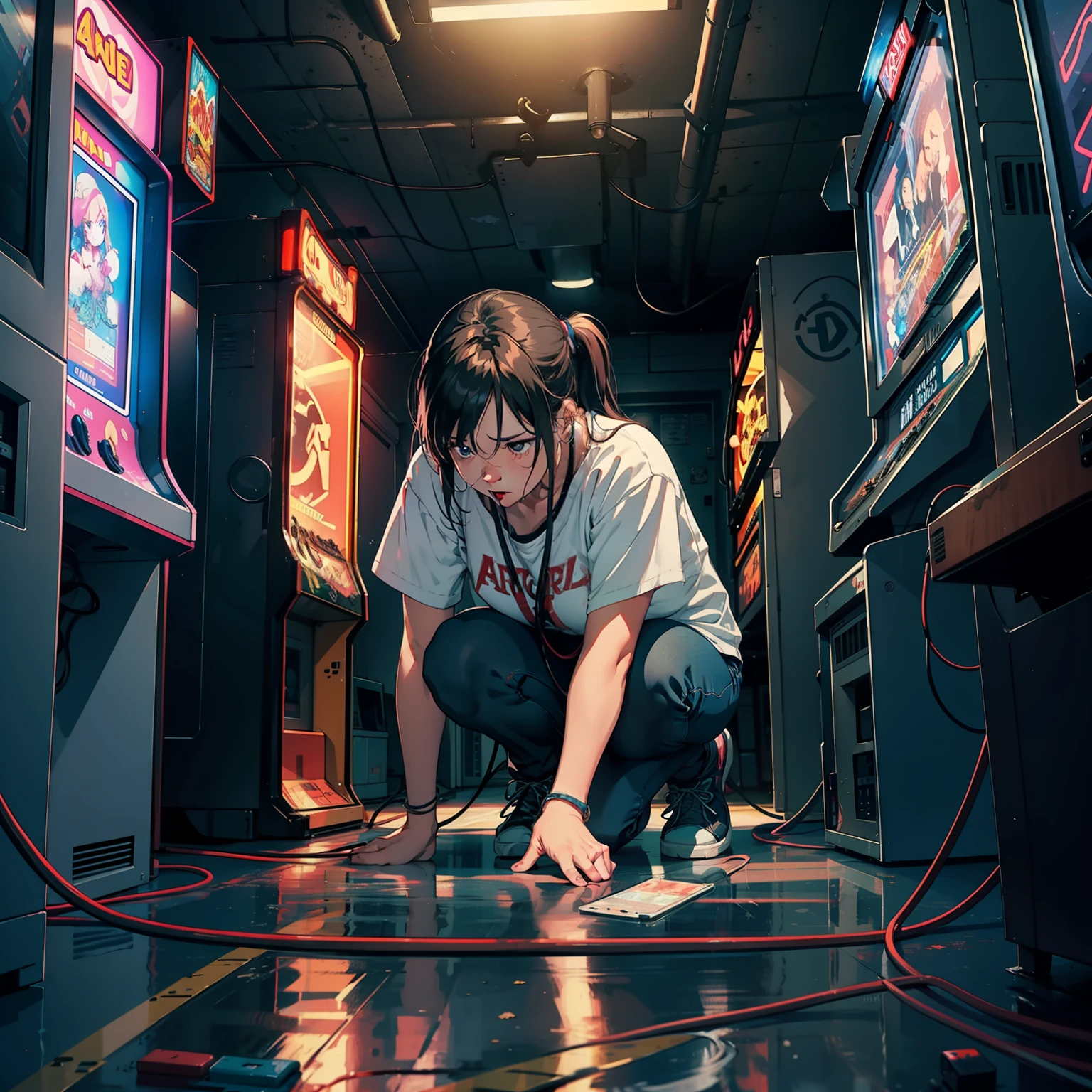Middle aged woman, dropped to her knees and hands, wedged behind a row of arcade games cramped in the crawl space between the consoles and the wall, tangled electrical cords and useless plugs strewn beneath her.