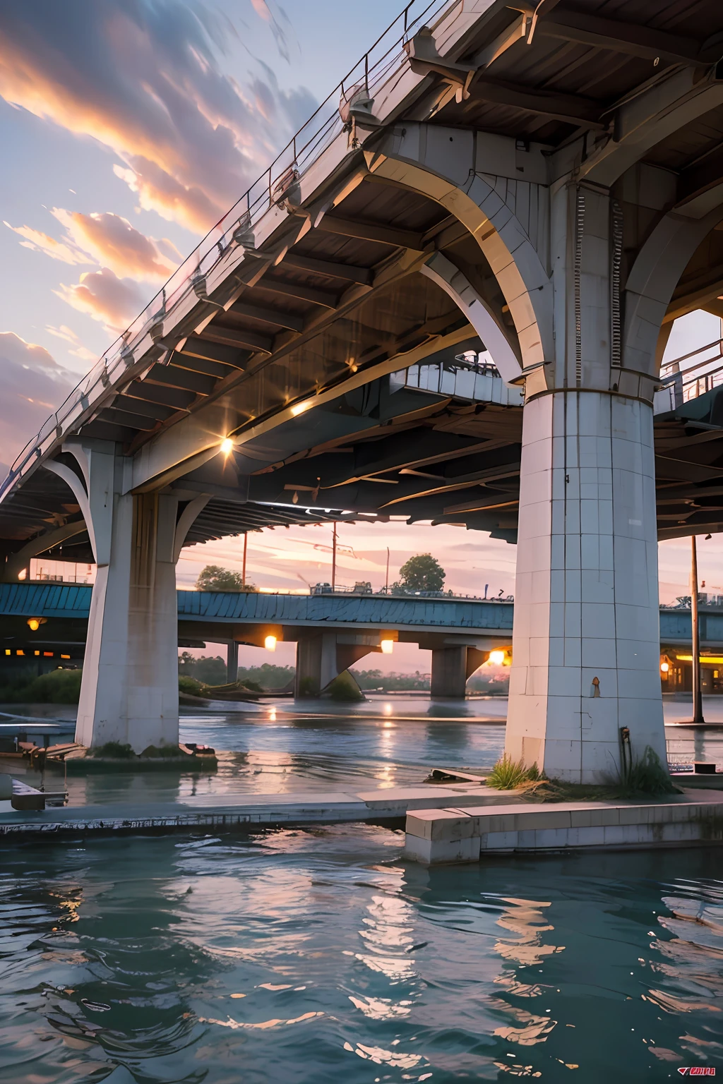 obra maestra, Amazing 1girl, Postimpresionismo, anime clave visual, landscape of a stupid and biophilic fish market Tanzania Bridge, at Twilight, boceto, luz del cabello, obra de arte de hogar, kinematics, motor irreal